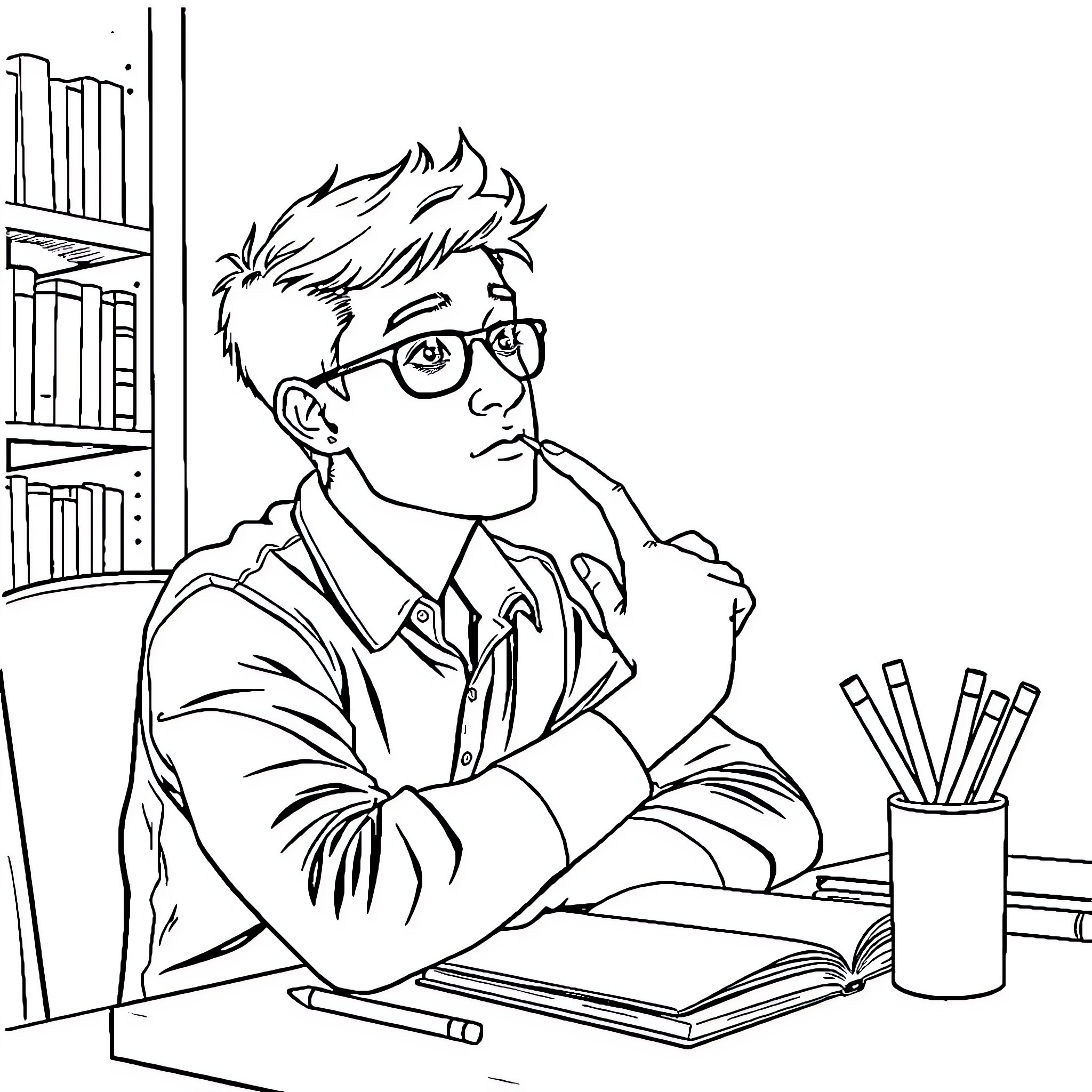 Élève étudiant studieusement dans la bibliothèque Coloring Page (free black-and-white line drawing printable PDF for all, from beginners to advanced learners, including children, teens, adults, and seniors)