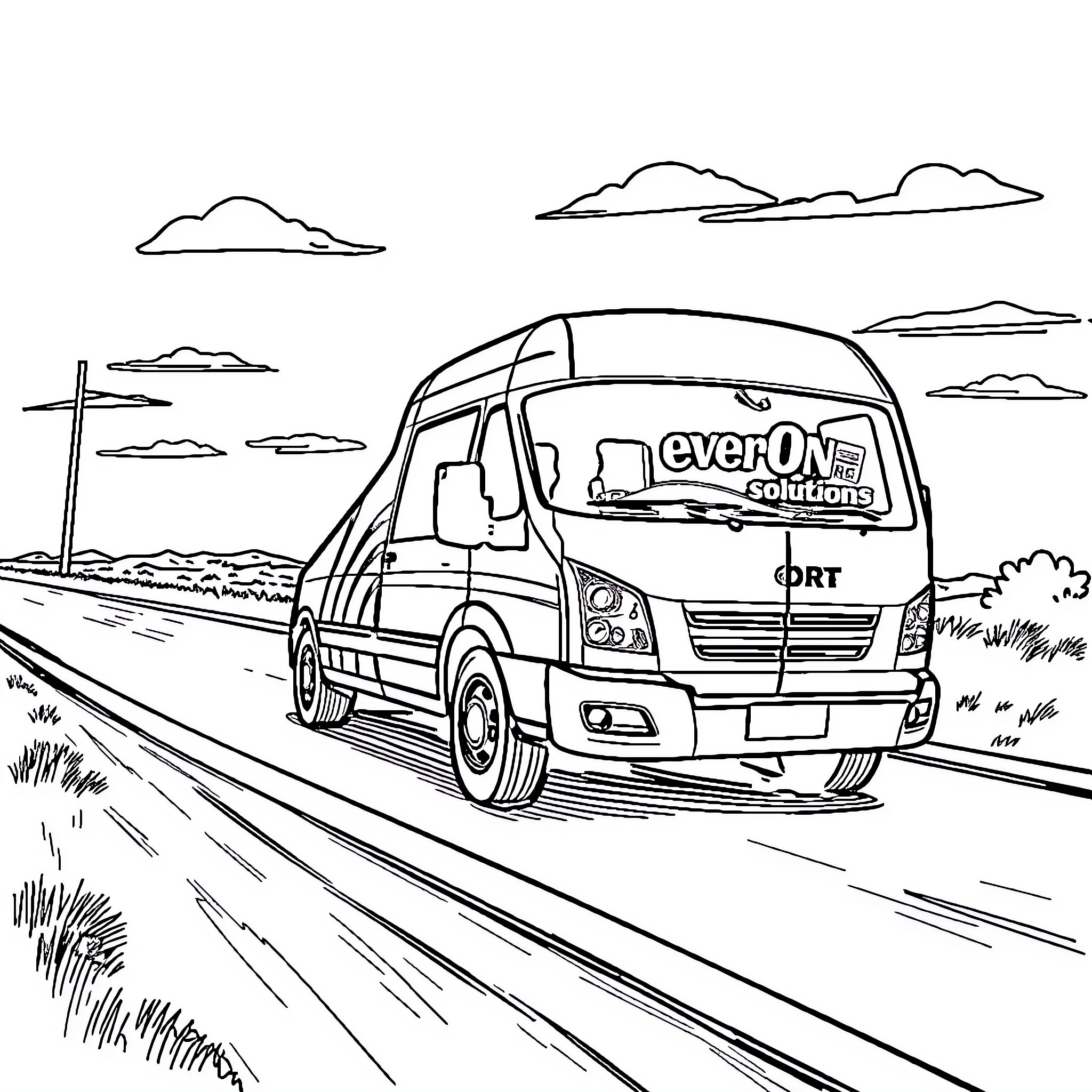 Van transporting solutions on the open road Coloring Page (free black-and-white line drawing printable PDF for all, from beginners to advanced learners, including children, teens, adults, and seniors)