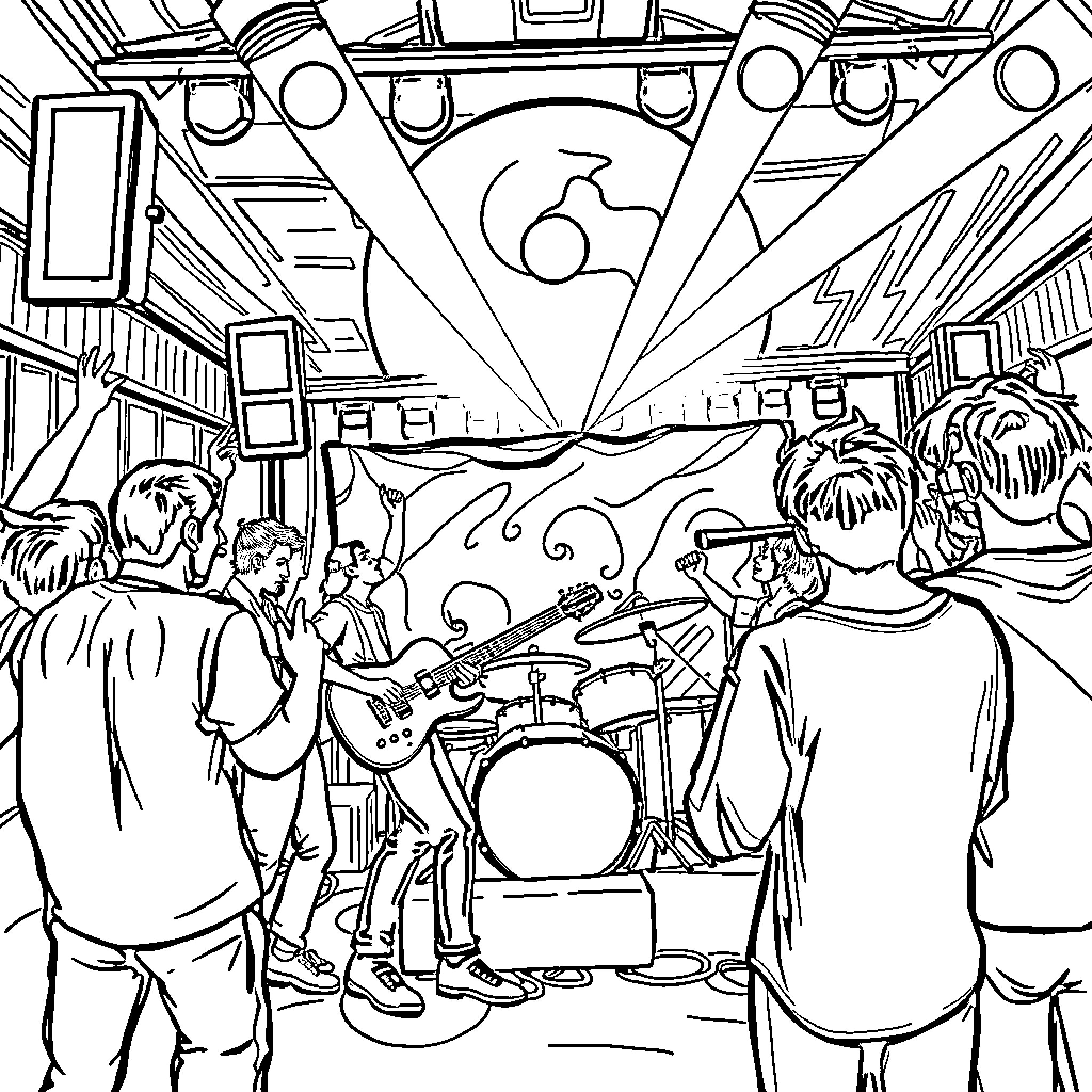 K Pop Band Performing on Stage with Enthusiastic Audience Coloring Page (free black-and-white line drawing printable PDF for all, from beginners to advanced learners, including children, teens, adults, and seniors)