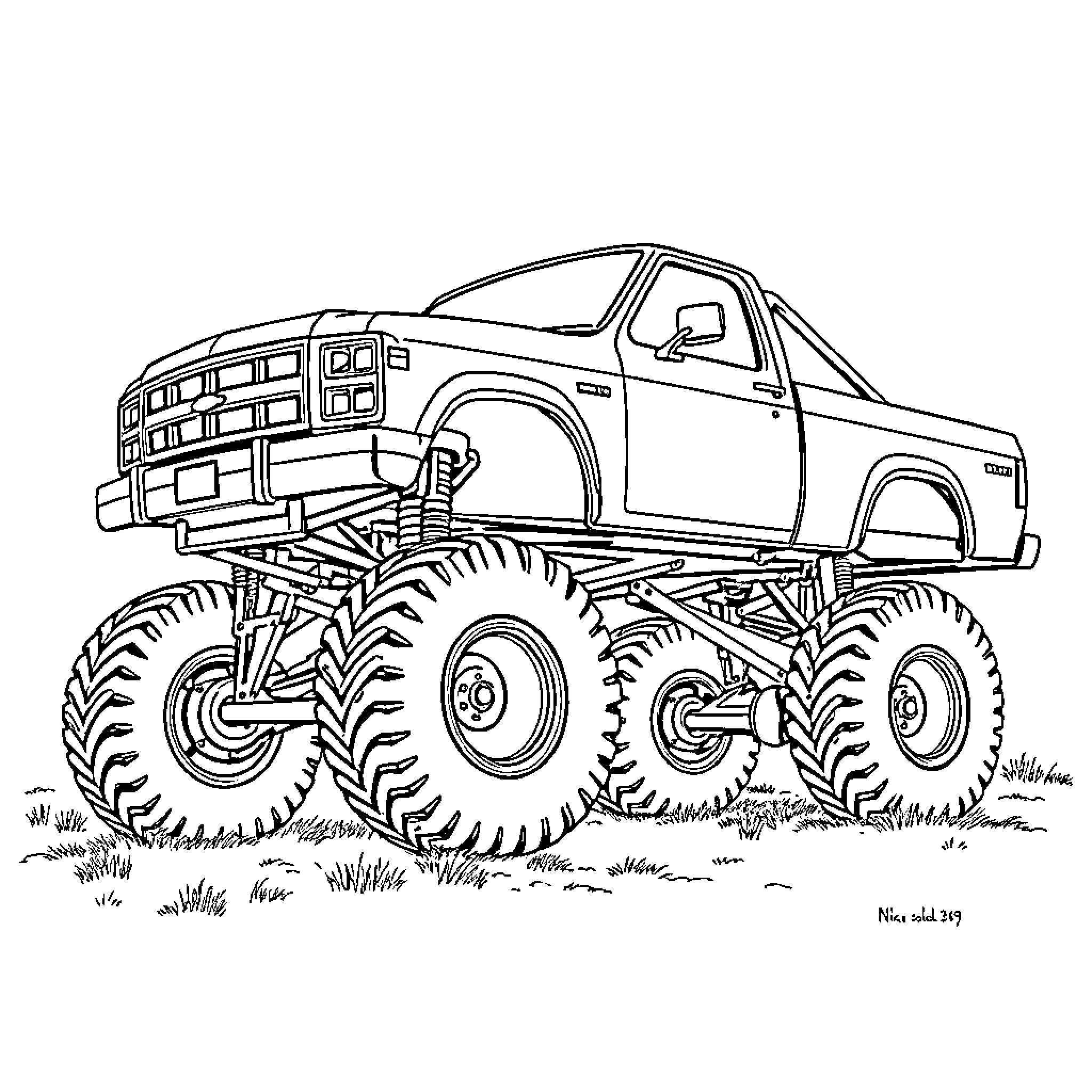 Pick Up Truck Navigating Rugged Terrain Coloring Page (free black-and-white line drawing printable PDF for all, from beginners to advanced learners, including children, teens, adults, and seniors)