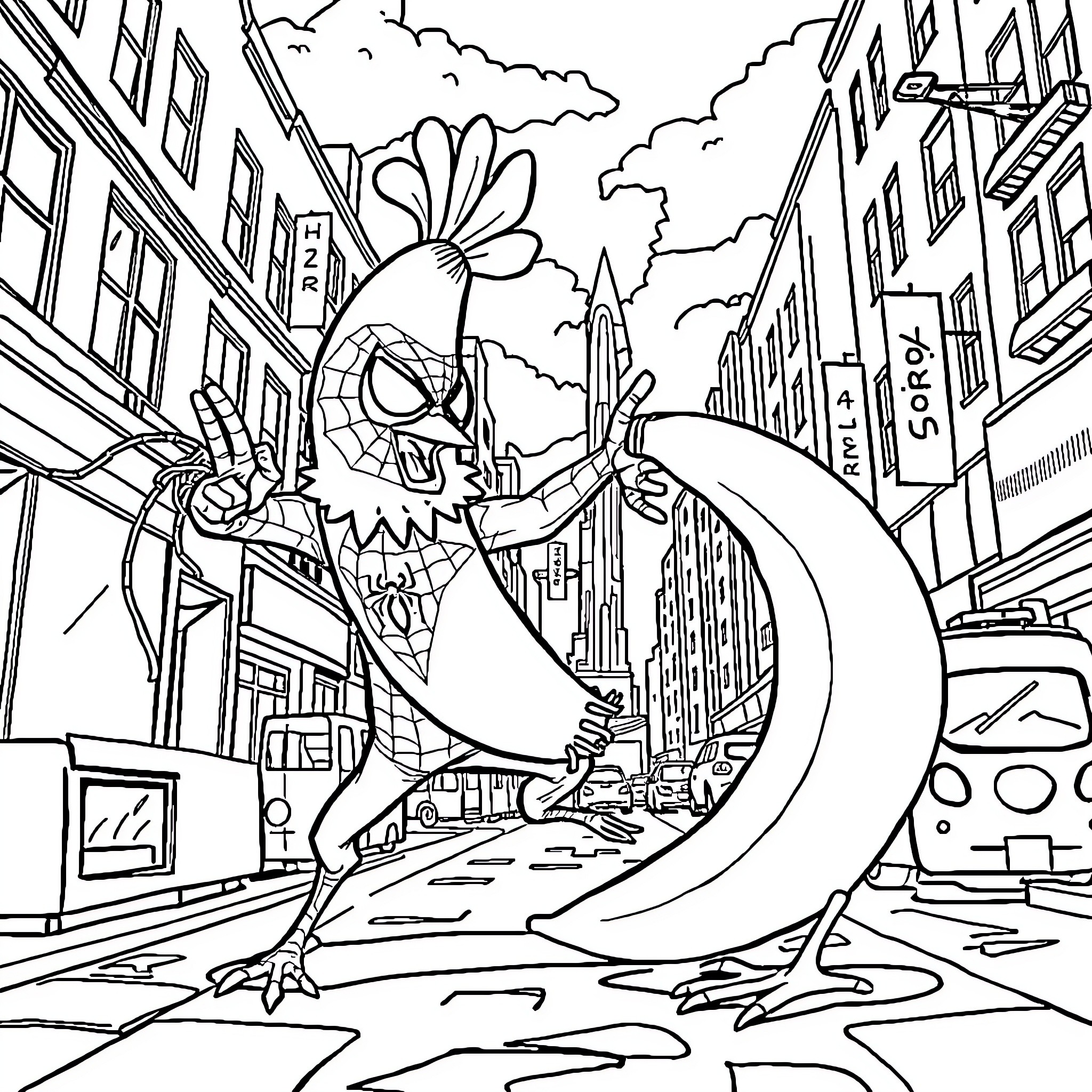 Banana Chicken monster wreaking havoc in the city Coloring Page (free black-and-white line drawing printable PDF for all, from beginners to advanced learners, including children, teens, adults, and seniors)
