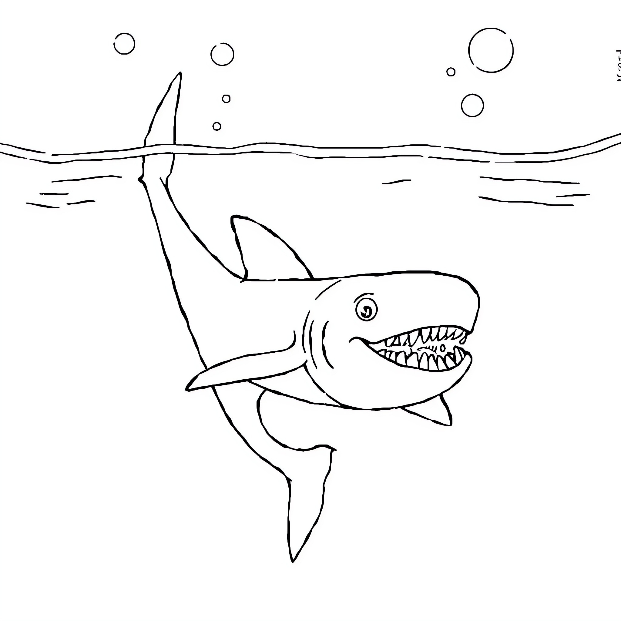 Plimplim Shark Swims in the Ocean Coloring Page (free black-and-white line drawing printable PDF for all, from beginners to advanced learners, including children, teens, adults, and seniors)