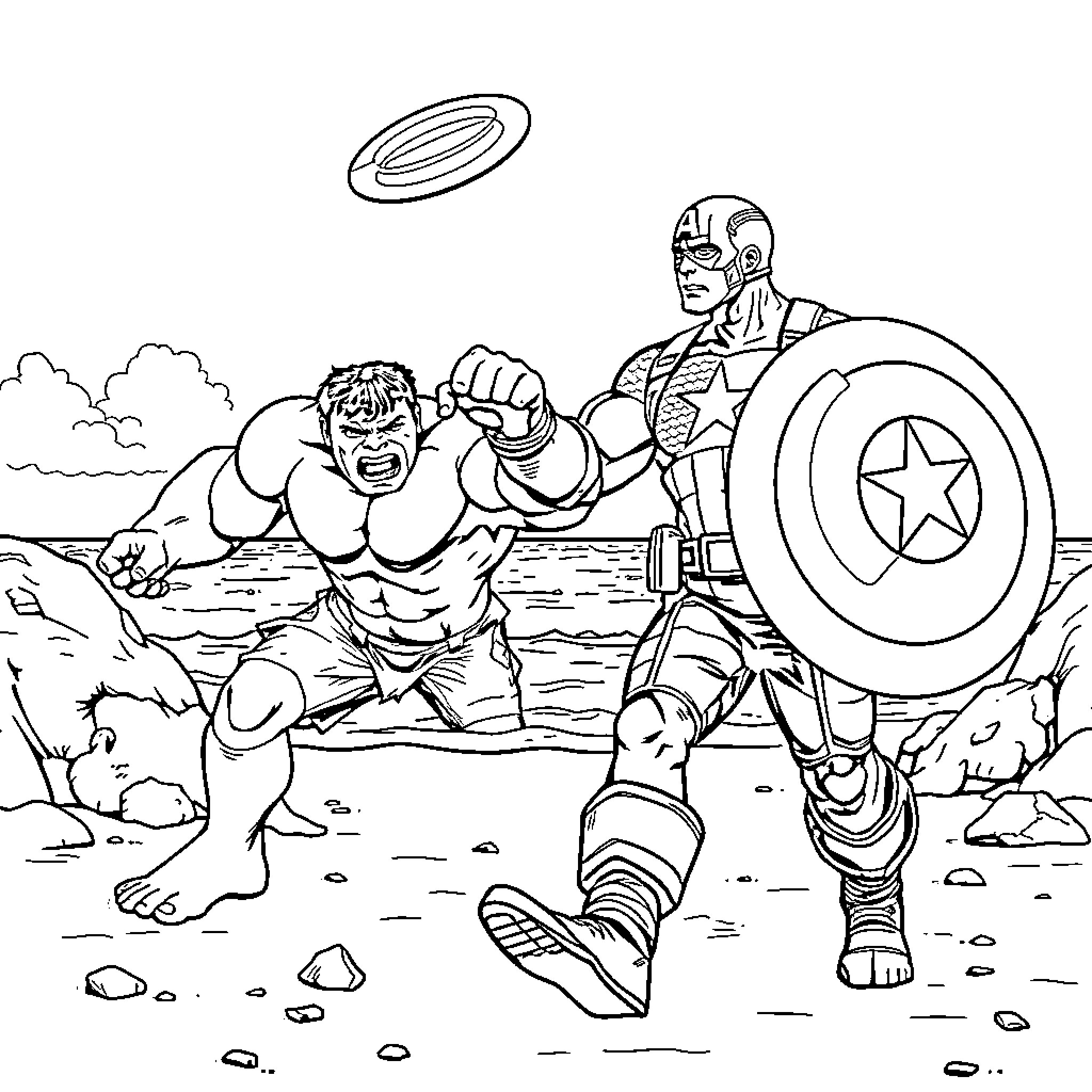 Hulk fighting alongside Captain America on a beach Coloring Page (free black-and-white line drawing printable PDF for all, from beginners to advanced learners, including children, teens, adults, and seniors)