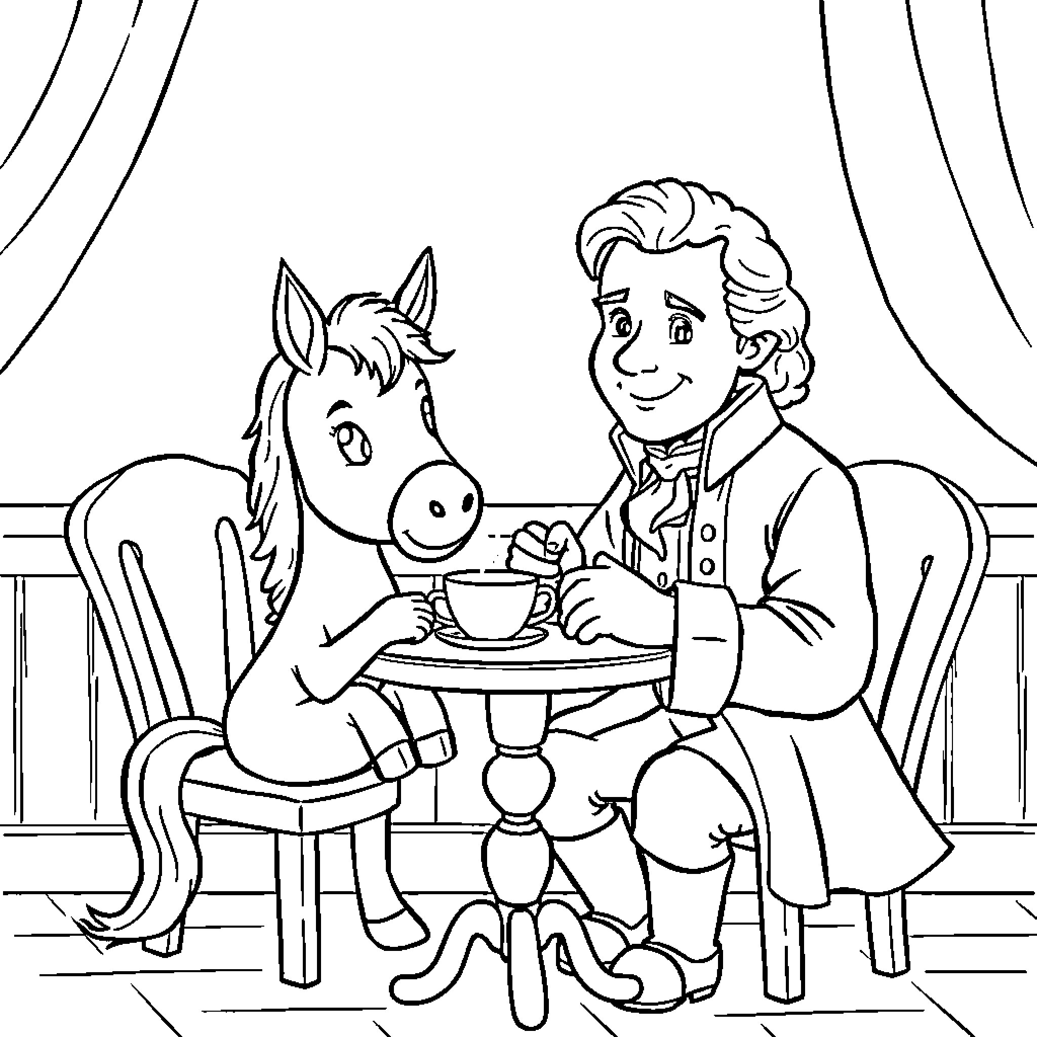 Pony enjoying tea time with a young gentleman Coloring Page (free black-and-white line drawing printable PDF for all, from beginners to advanced learners, including children, teens, adults, and seniors)