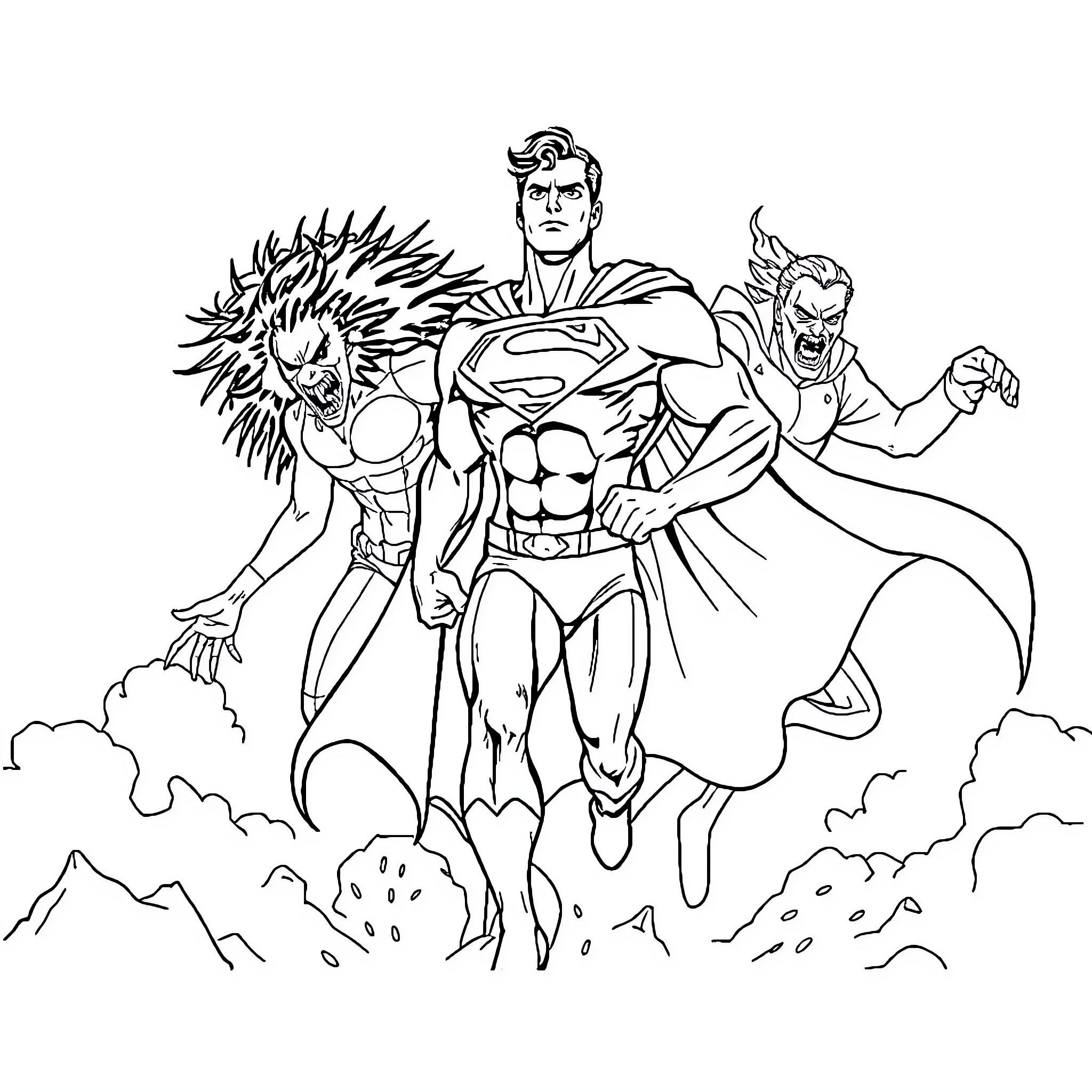 Superman battling powerful villains in epic showdown Coloring Page (free black-and-white line drawing printable PDF for all, from beginners to advanced learners, including children, teens, adults, and seniors)