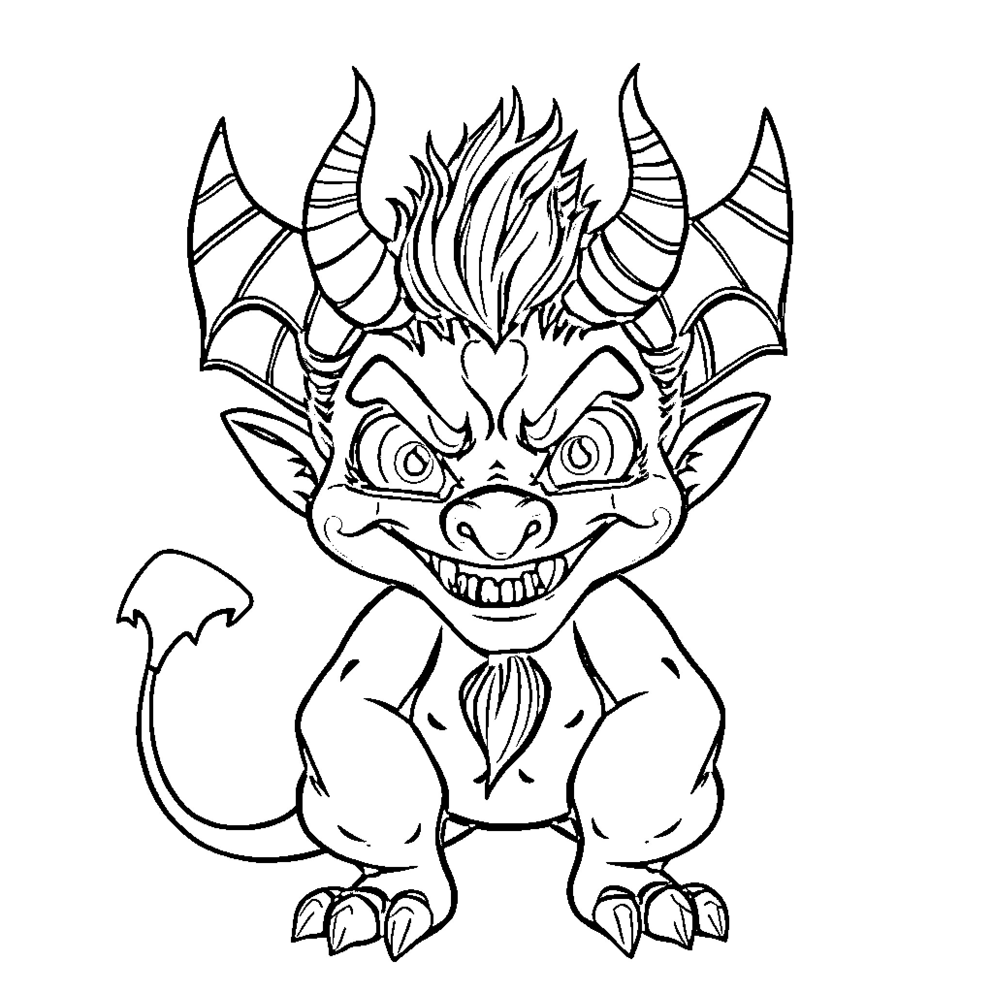 Demon creature with horns, claws and fangs Coloring Page (free black-and-white line drawing printable PDF for all, from beginners to advanced learners, including children, teens, adults, and seniors)