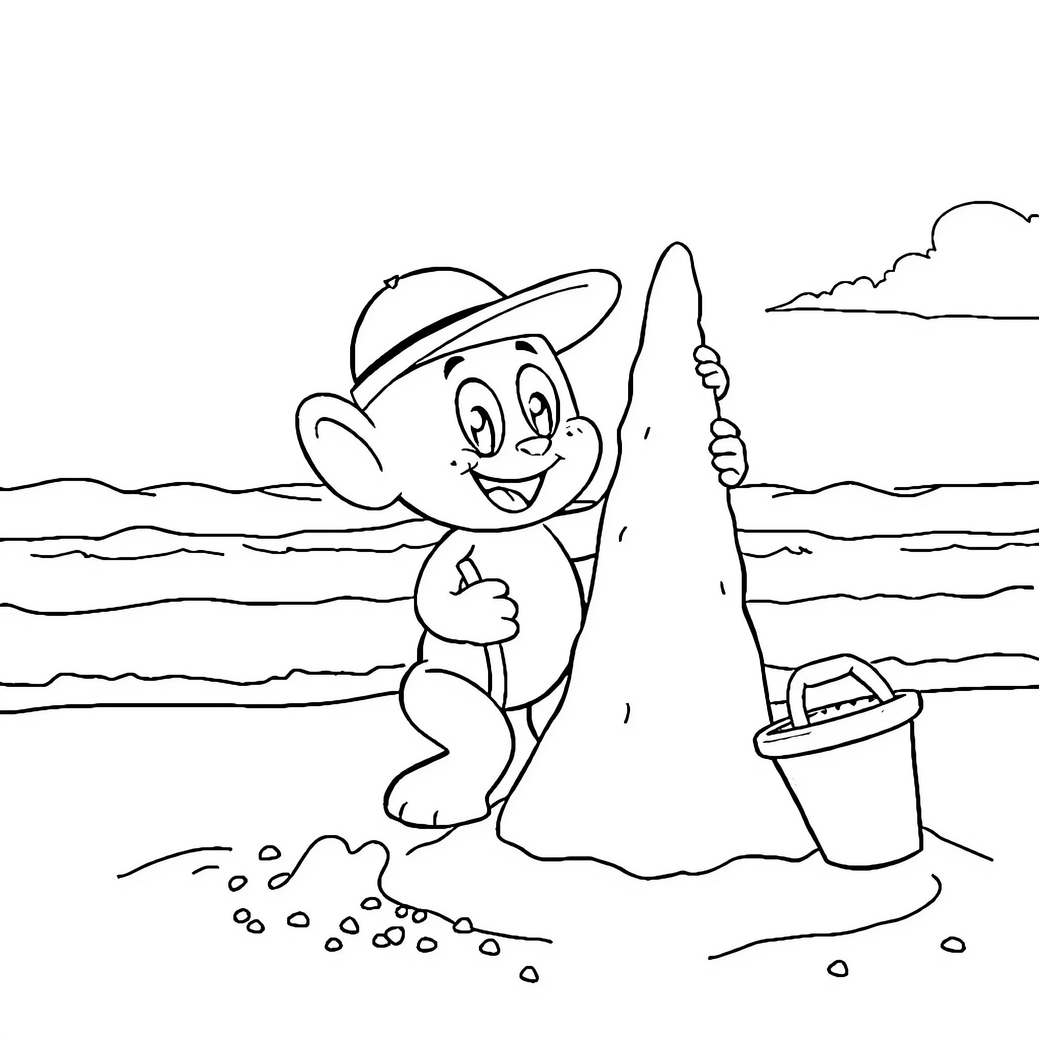 Bluey playing happily on the beach with a bucket Coloring Page (free black-and-white line drawing printable PDF for all, from beginners to advanced learners, including children, teens, adults, and seniors)