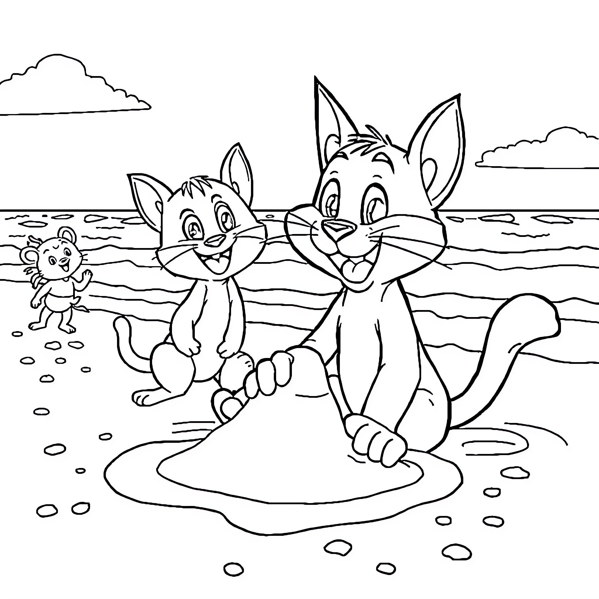 Tom and friends playing on the beach Coloring Page (free black-and-white line drawing printable PDF for all, from beginners to advanced learners, including children, teens, adults, and seniors)