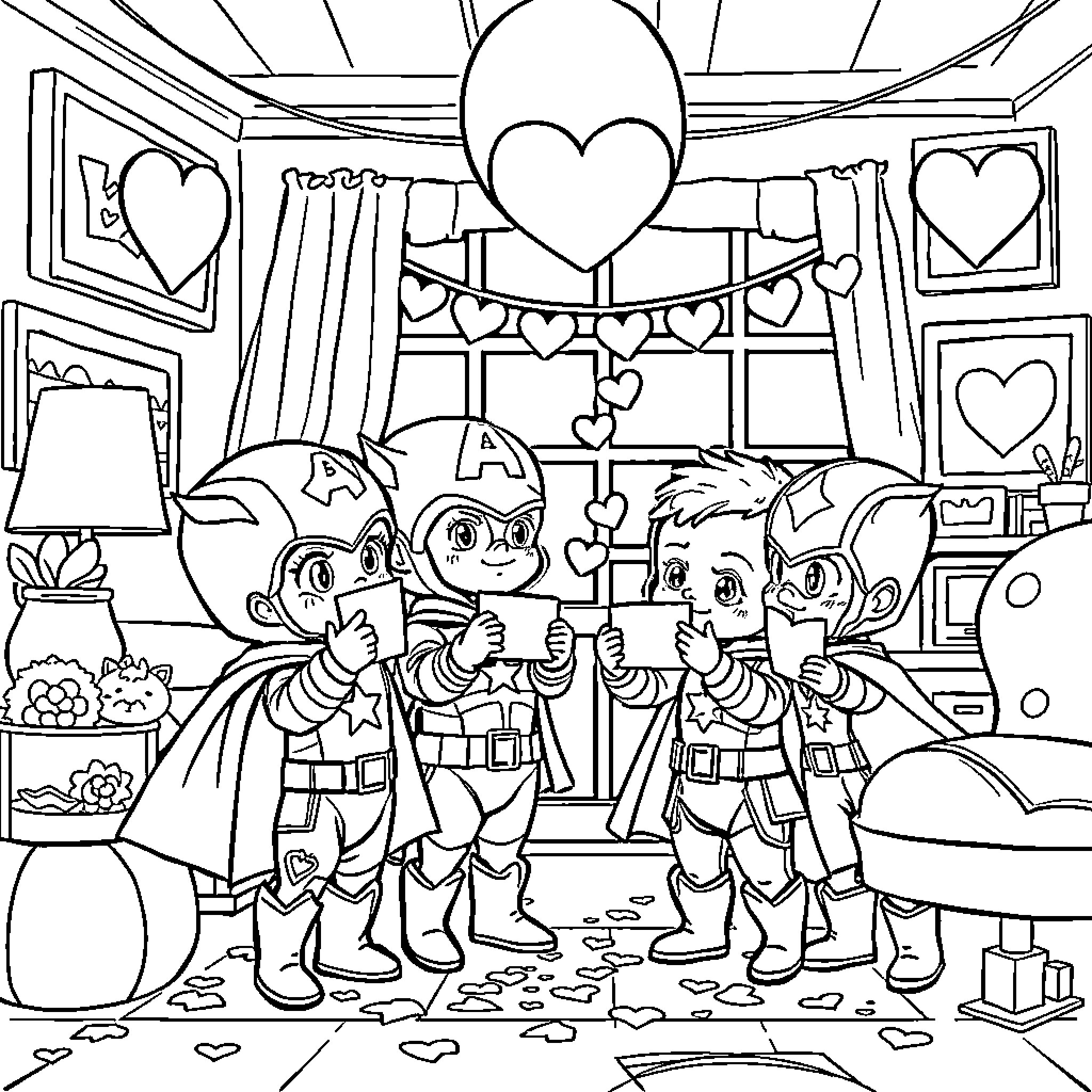 Avenger Superheroes Celebrate Valentine's Day Coloring Page (free black-and-white line drawing printable PDF for all, from beginners to advanced learners, including children, teens, adults, and seniors)