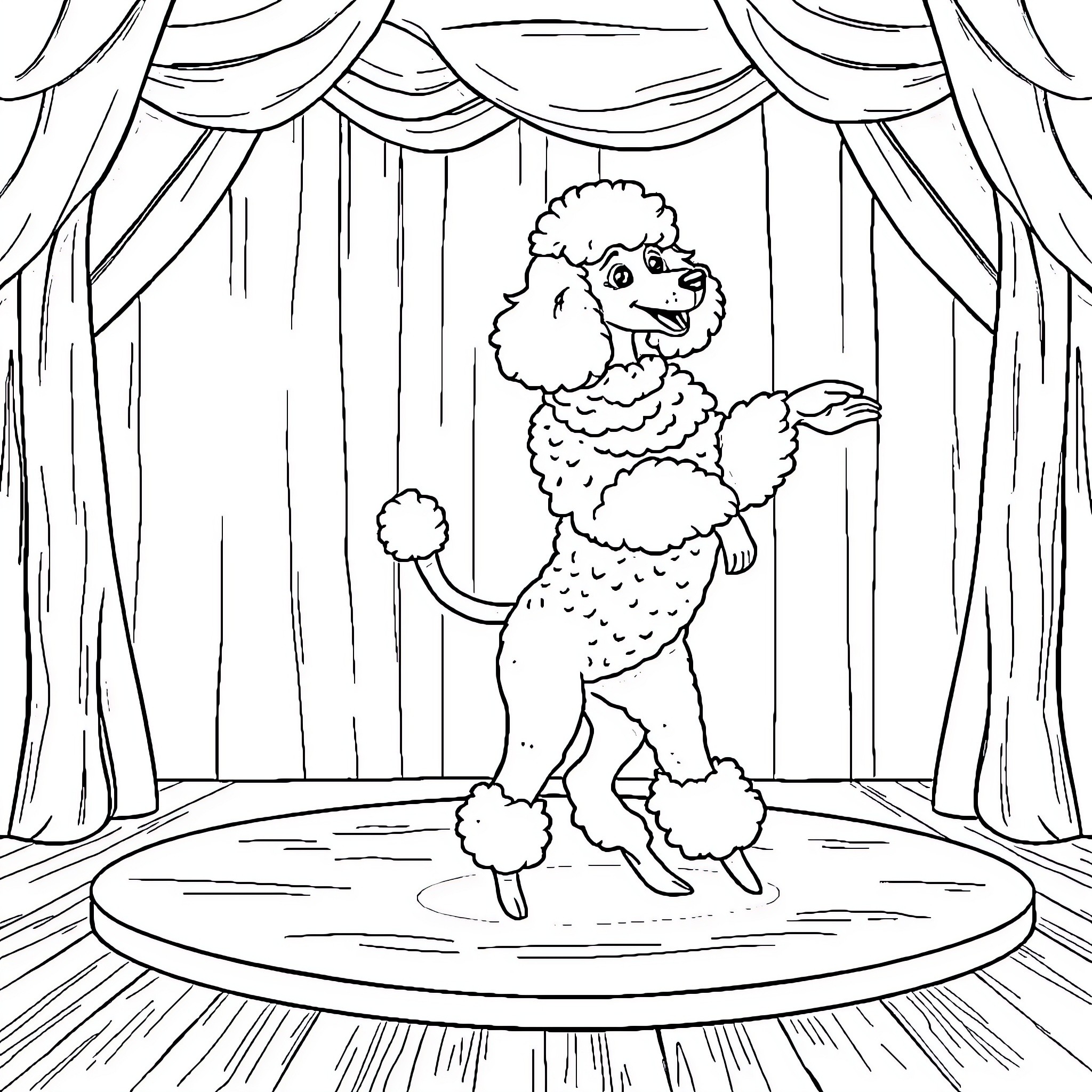 Poodle performing on stage Coloring Page (free black-and-white line drawing printable PDF for all, from beginners to advanced learners, including children, teens, adults, and seniors)