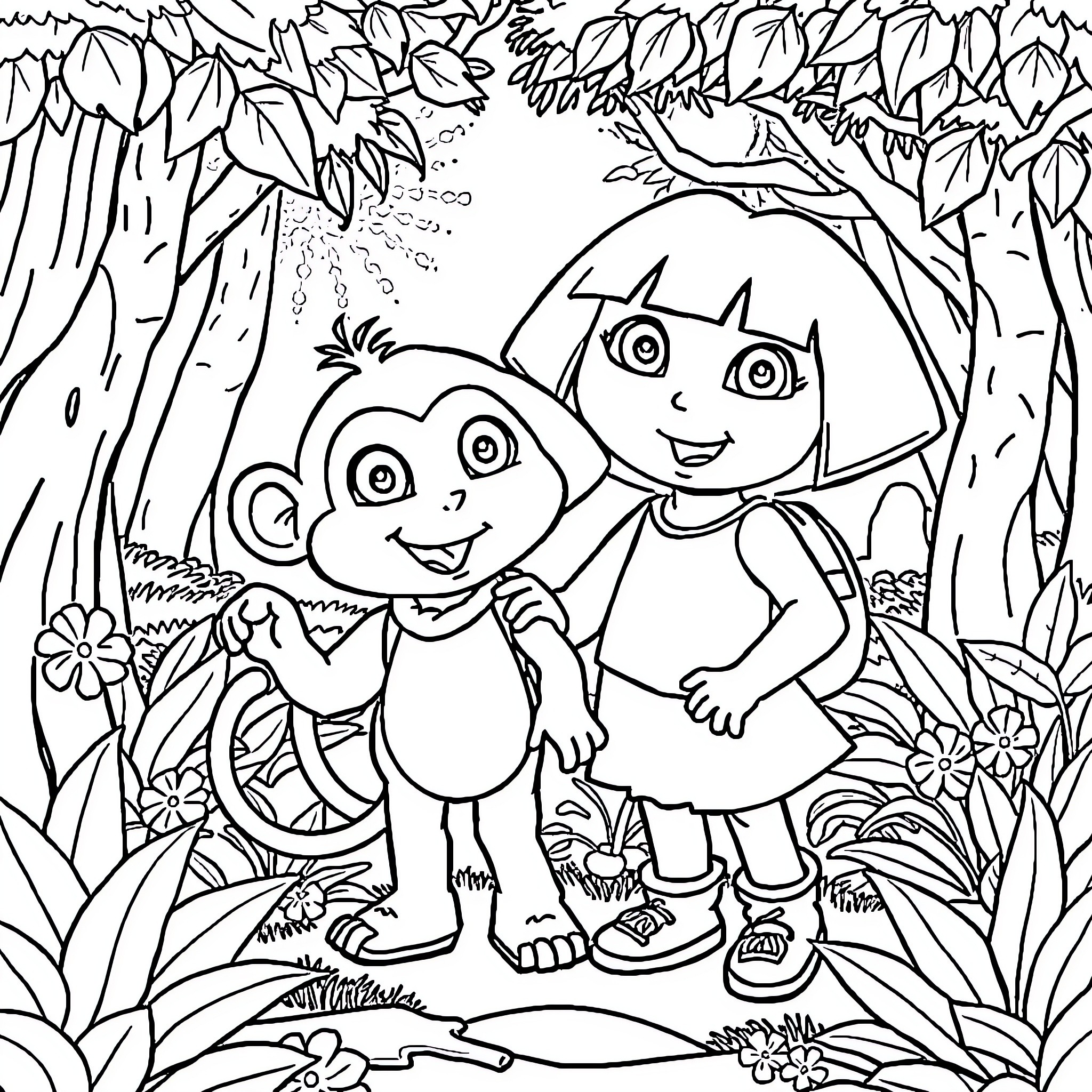 Dora and Boots explore the enchanted forest Coloring Page (free black-and-white line drawing printable PDF for all, from beginners to advanced learners, including children, teens, adults, and seniors)