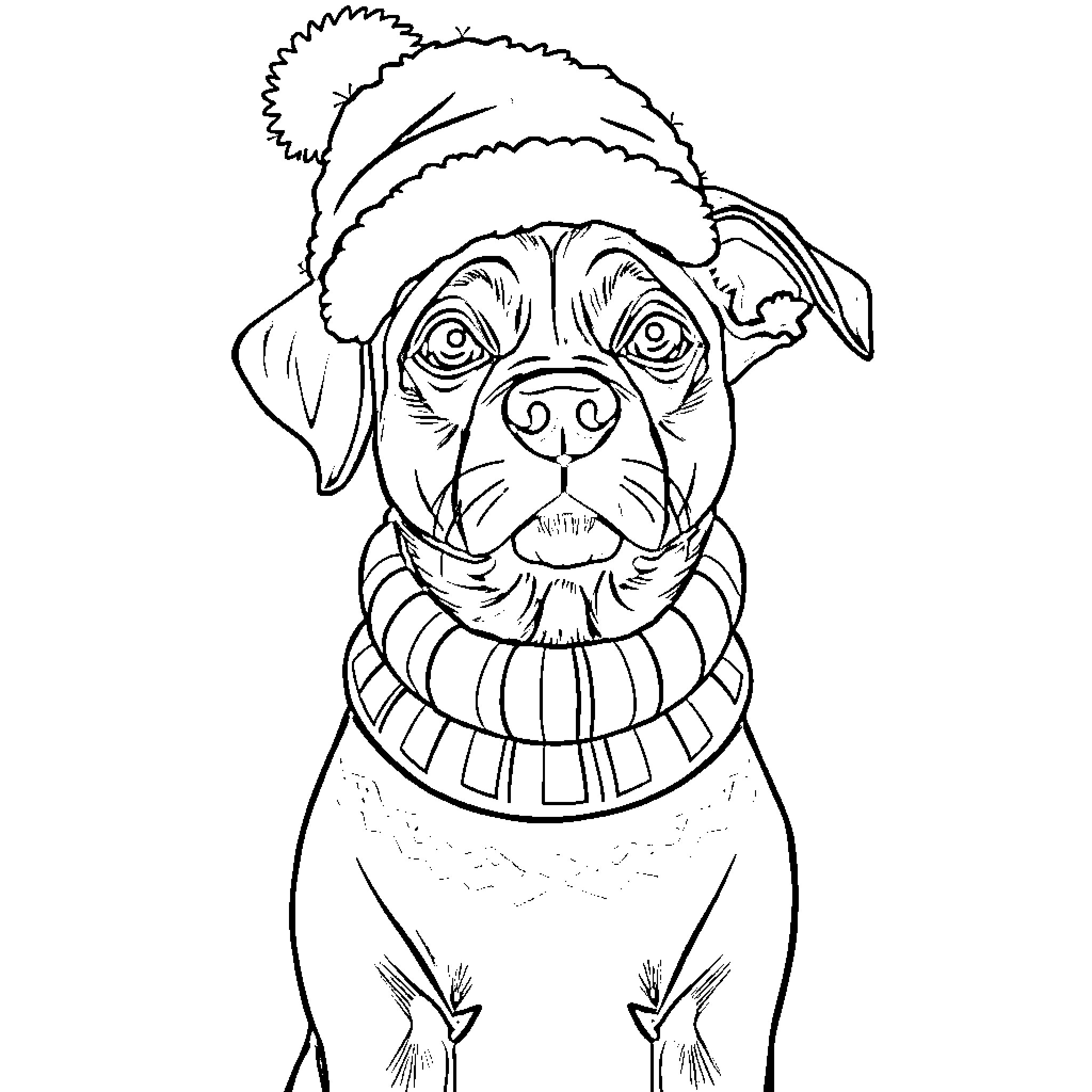 Dog wearing winter hat and scarf Coloring Page (free black-and-white line drawing printable PDF for all, from beginners to advanced learners, including children, teens, adults, and seniors)