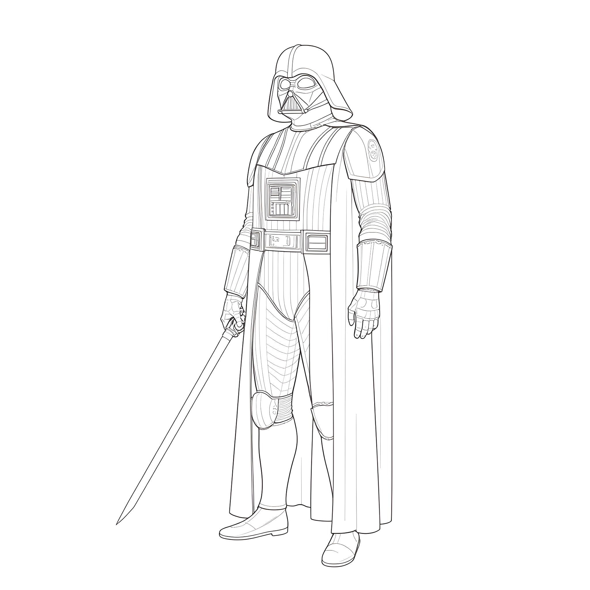 Darth Vader Standing Tall in Iconic Attire Coloring Page (free black-and-white line drawing printable PDF for all, from beginners to advanced learners, including children, teens, adults, and seniors)