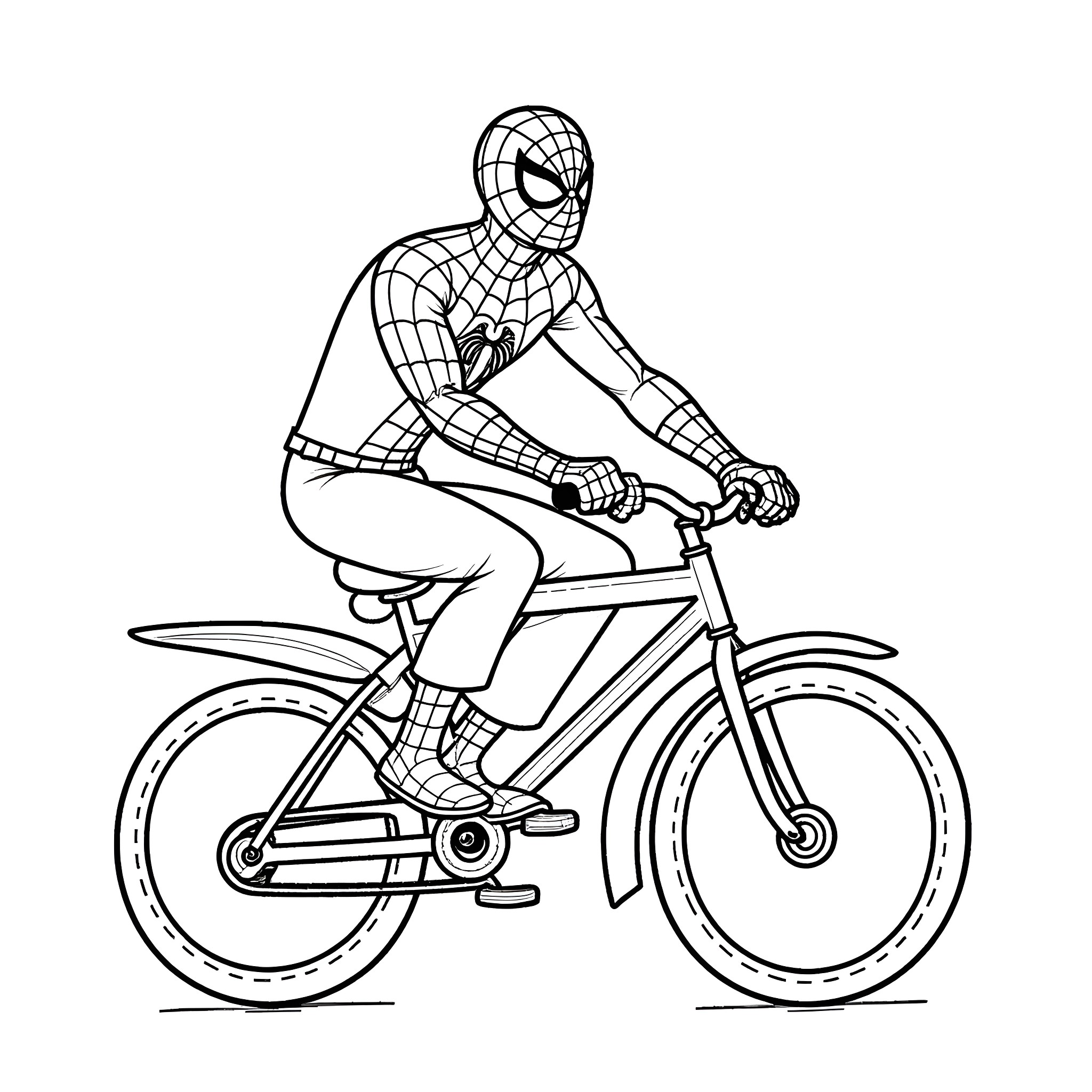 Spiderman riding a bicycle Coloring Page (free black-and-white line drawing printable PDF for all, from beginners to advanced learners, including children, teens, adults, and seniors)