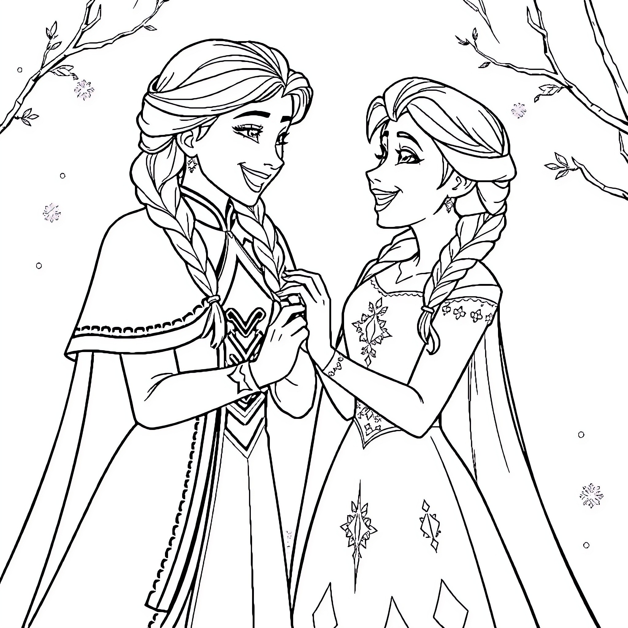 Elsa and Anna sharing a happy moment in the winter forest Coloring Page (free black-and-white line drawing printable PDF for all, from beginners to advanced learners, including children, teens, adults, and seniors)