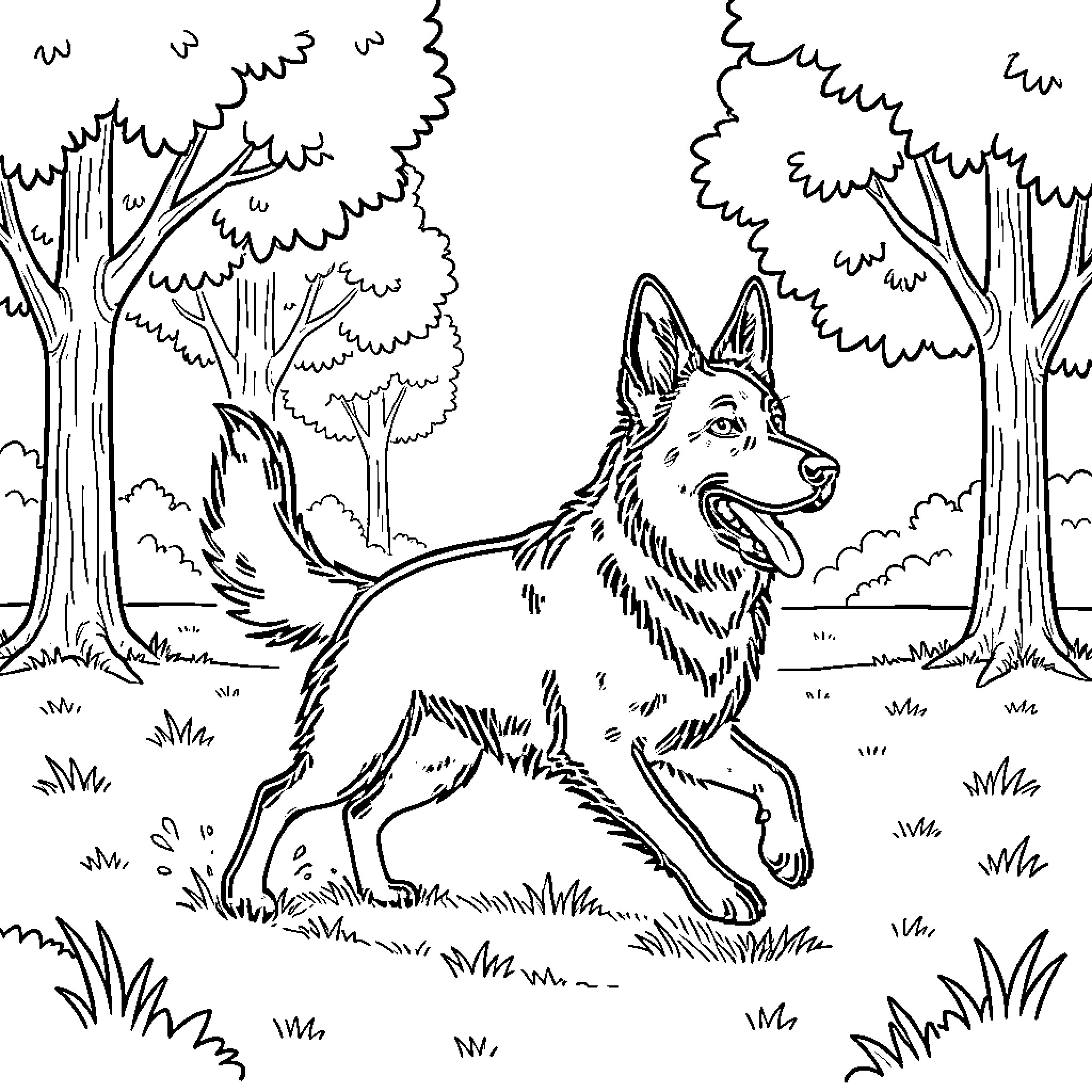 German Shepherd running happily in the forest Coloring Page (free black-and-white line drawing printable PDF for all, from beginners to advanced learners, including children, teens, adults, and seniors)