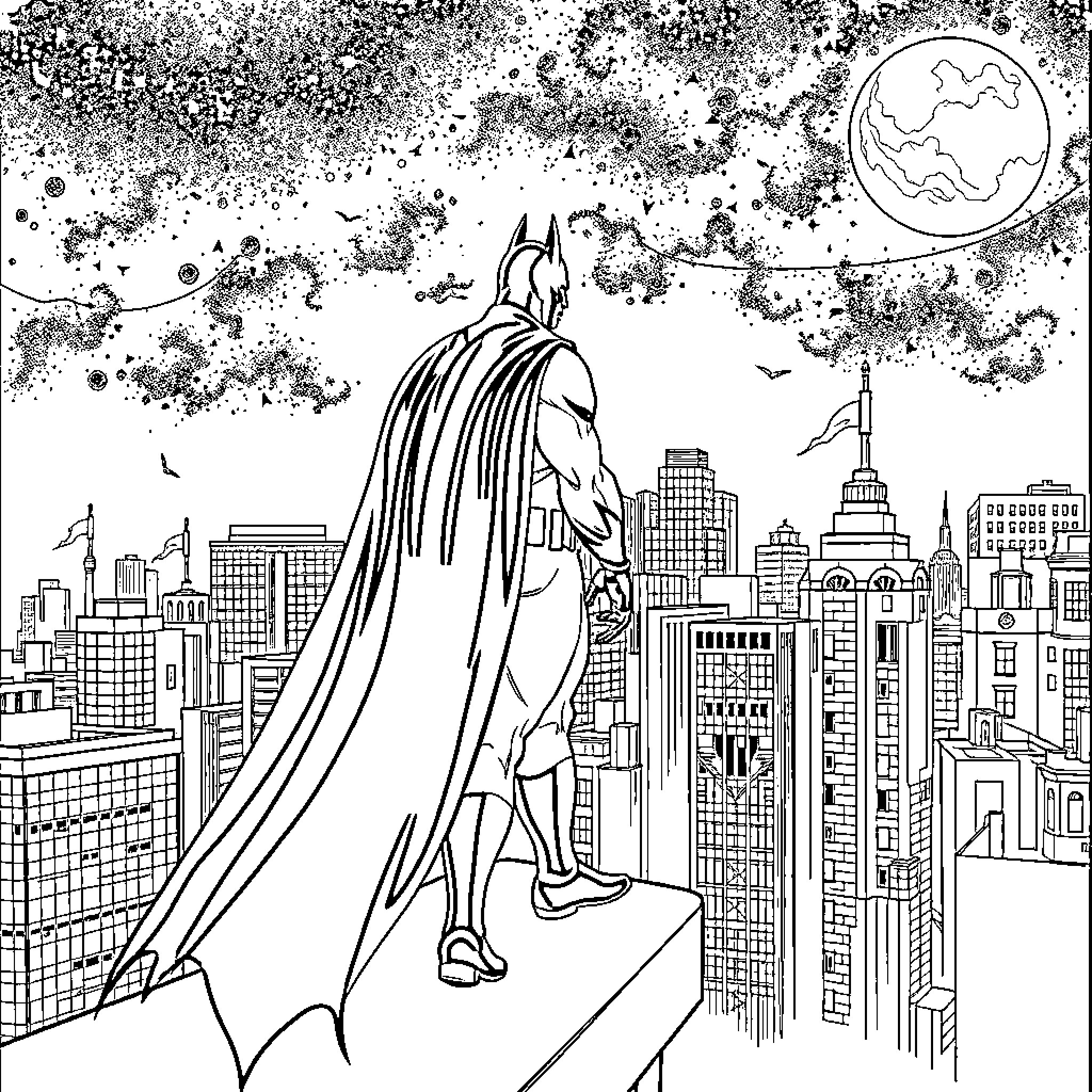 Bat-like hero surveys the city at night Coloring Page (free black-and-white line drawing printable PDF for all, from beginners to advanced learners, including children, teens, adults, and seniors)