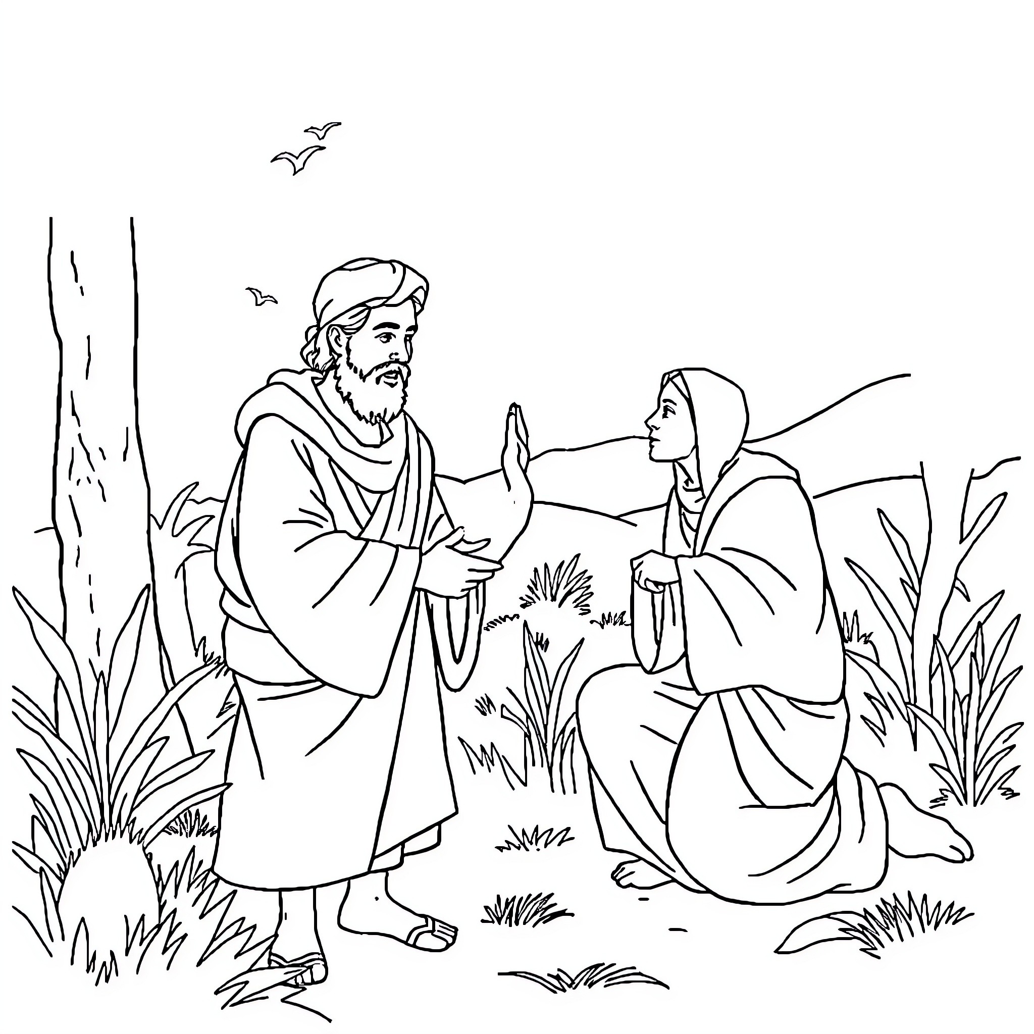 Samaritan offering aid to a distressed individual Coloring Page (free black-and-white line drawing printable PDF for all, from beginners to advanced learners, including children, teens, adults, and seniors)