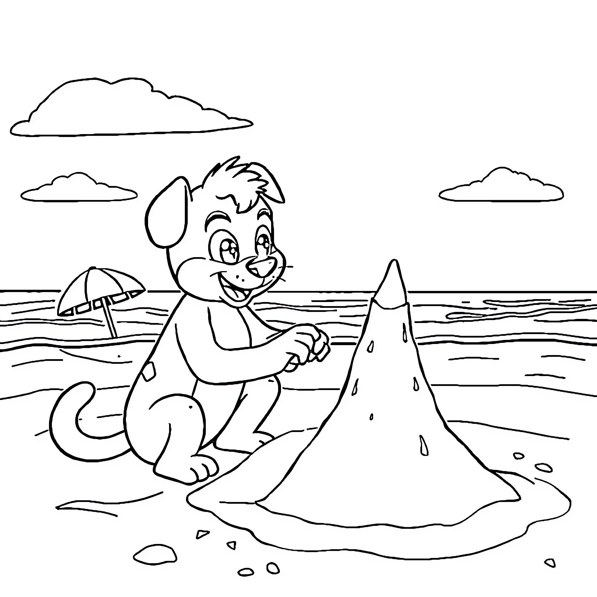 Bluey playing happily on the beach Coloring Page (free black-and-white line drawing printable PDF for all, from beginners to advanced learners, including children, teens, adults, and seniors)