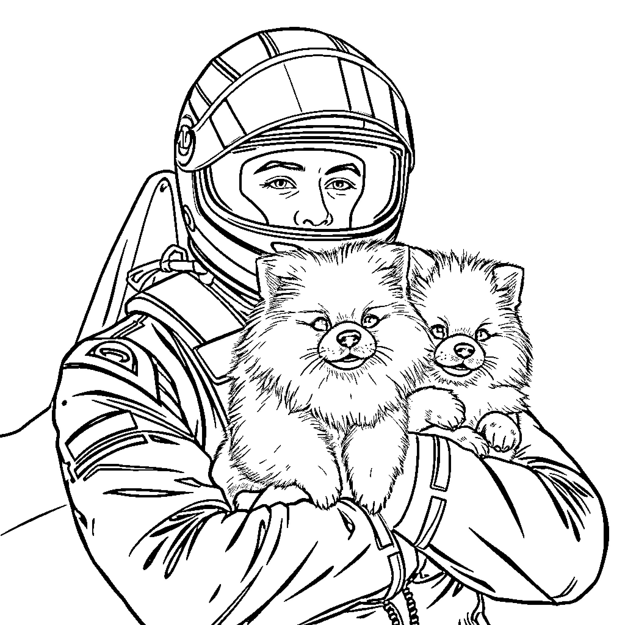Formula One Car Driver with Furry Companions Coloring Page (free black-and-white line drawing printable PDF for all, from beginners to advanced learners, including children, teens, adults, and seniors)