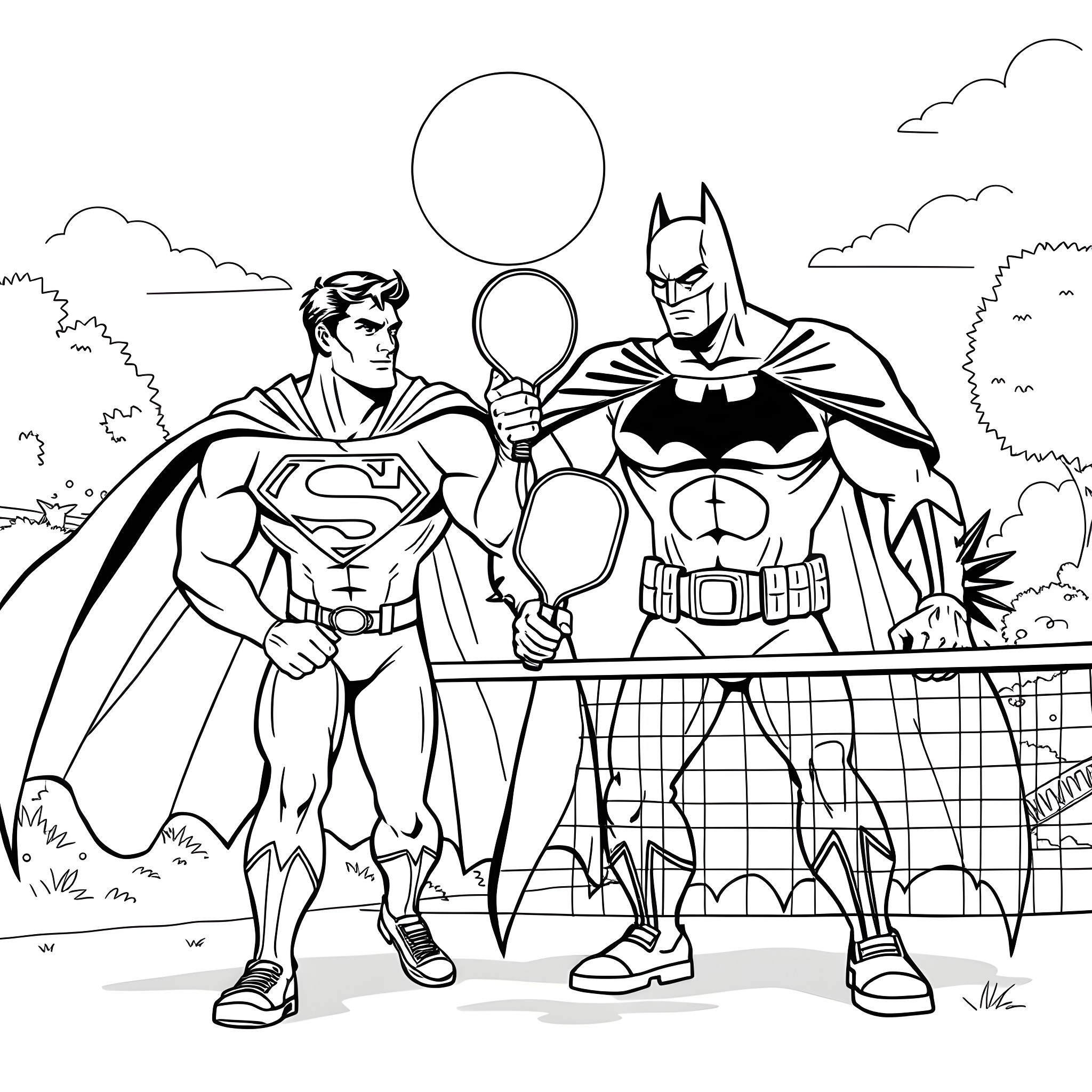 Superman and Batman in heroic poses Coloring Page (free black-and-white line drawing printable PDF for all, from beginners to advanced learners, including children, teens, adults, and seniors)