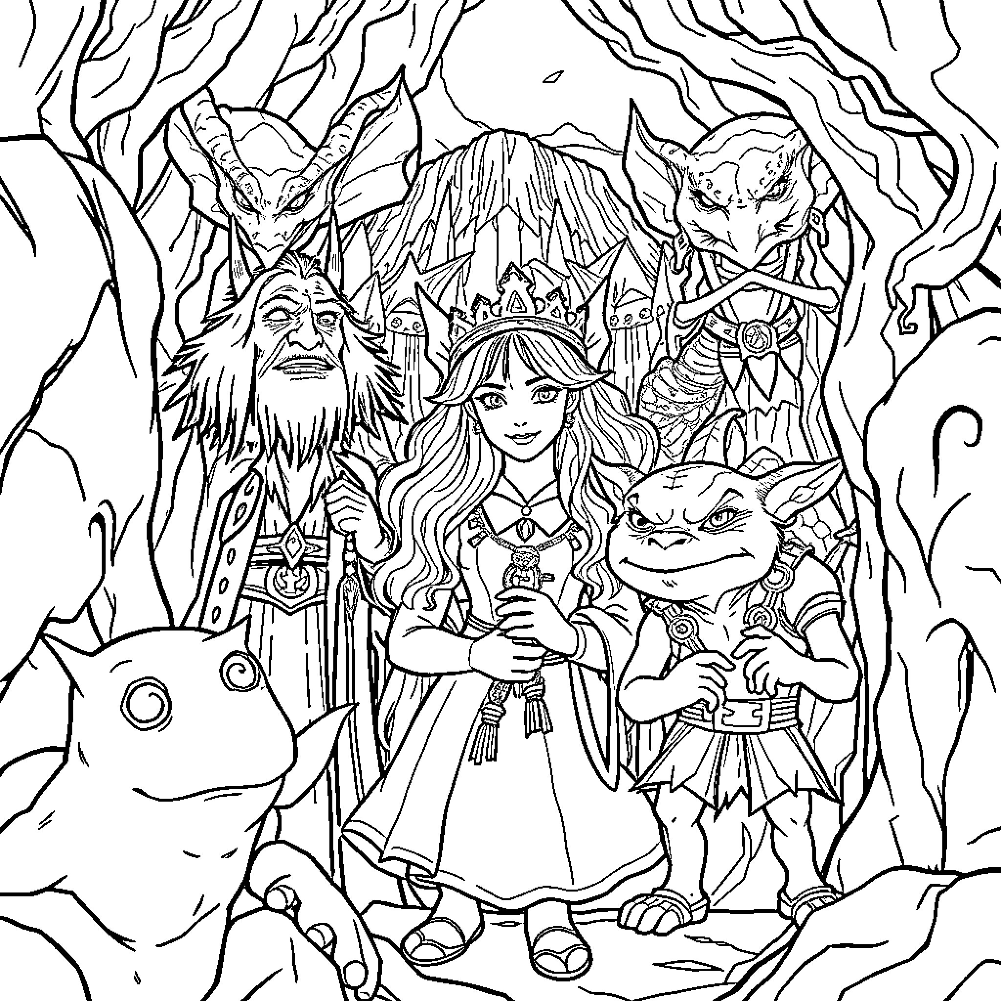 Labyrinth Characters Exploring a Fantastical World Coloring Page (free black-and-white line drawing printable PDF for all, from beginners to advanced learners, including children, teens, adults, and seniors)