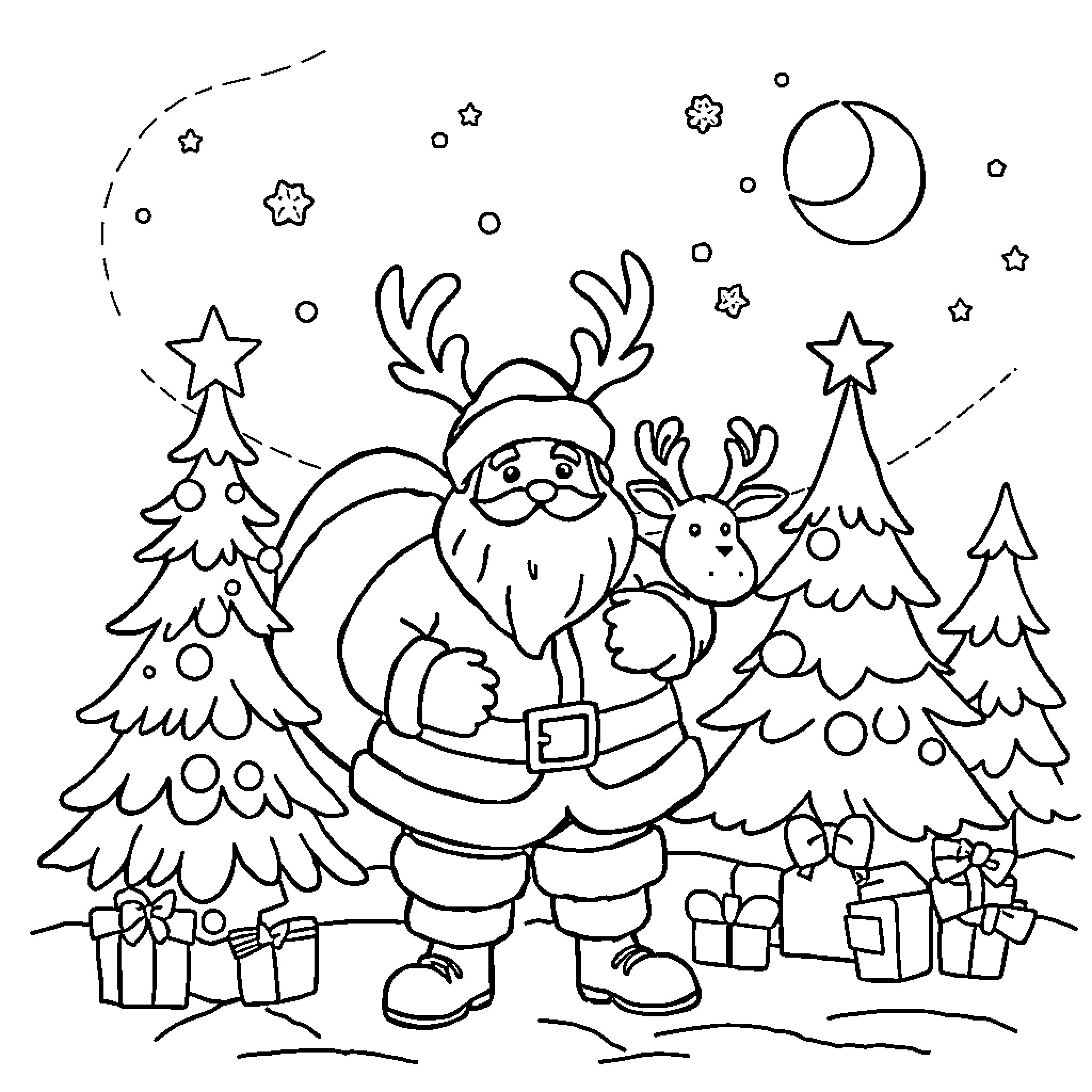 Kid's Festive Winter Scene with Santa and Reindeer Coloring Page (free black-and-white line drawing printable PDF for all, from beginners to advanced learners, including children, teens, adults, and seniors)