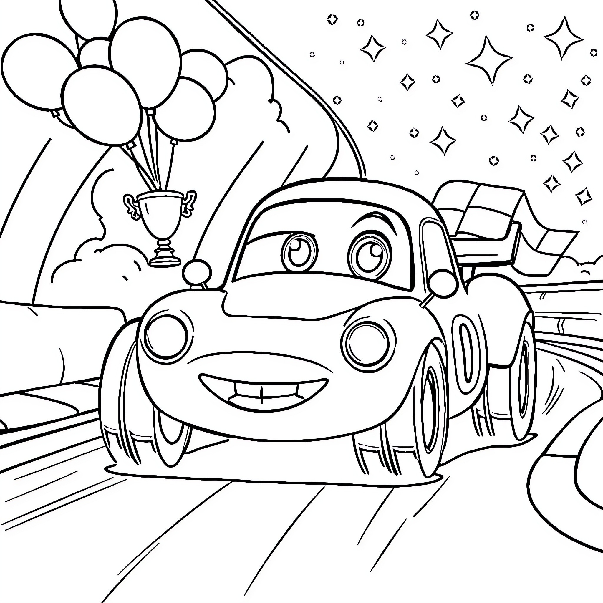Race Car Winning the Trophy with Balloons Coloring Page (free black-and-white line drawing printable PDF for all, from beginners to advanced learners, including children, teens, adults, and seniors)