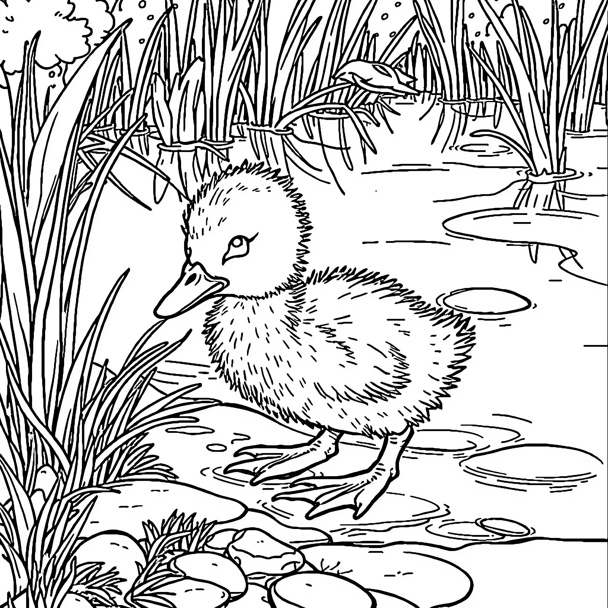 Duck hatchling exploring the pond Coloring Page (free black-and-white line drawing printable PDF for all, from beginners to advanced learners, including children, teens, adults, and seniors)