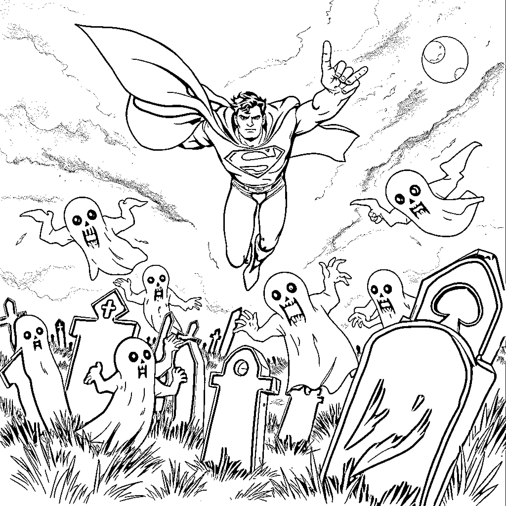 Superman battling ghosts and monsters in the night sky Coloring Page (free black-and-white line drawing printable PDF for all, from beginners to advanced learners, including children, teens, adults, and seniors)