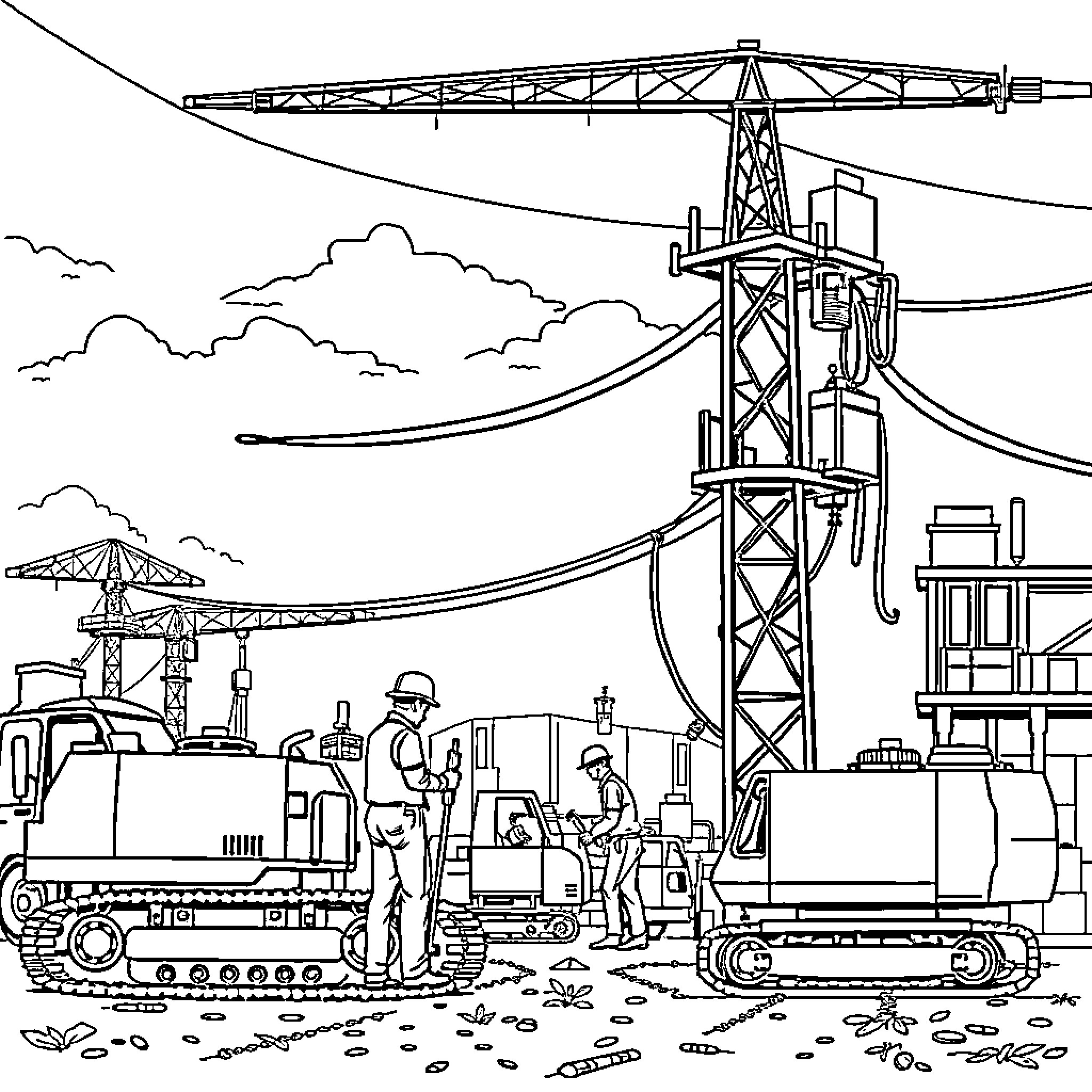Electric Construction Site with Cranes and Heavy Equipment Coloring Page (free black-and-white line drawing printable PDF for all, from beginners to advanced learners, including children, teens, adults, and seniors)