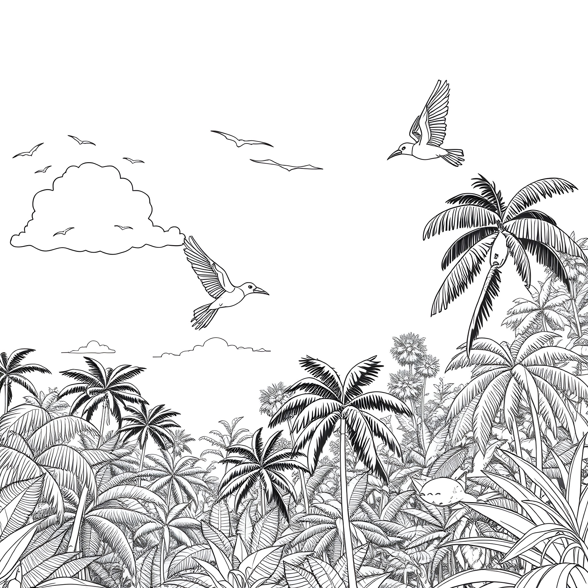 Birds flying over tropical jungle landscape Coloring Page (free black-and-white line drawing printable PDF for all, from beginners to advanced learners, including children, teens, adults, and seniors)