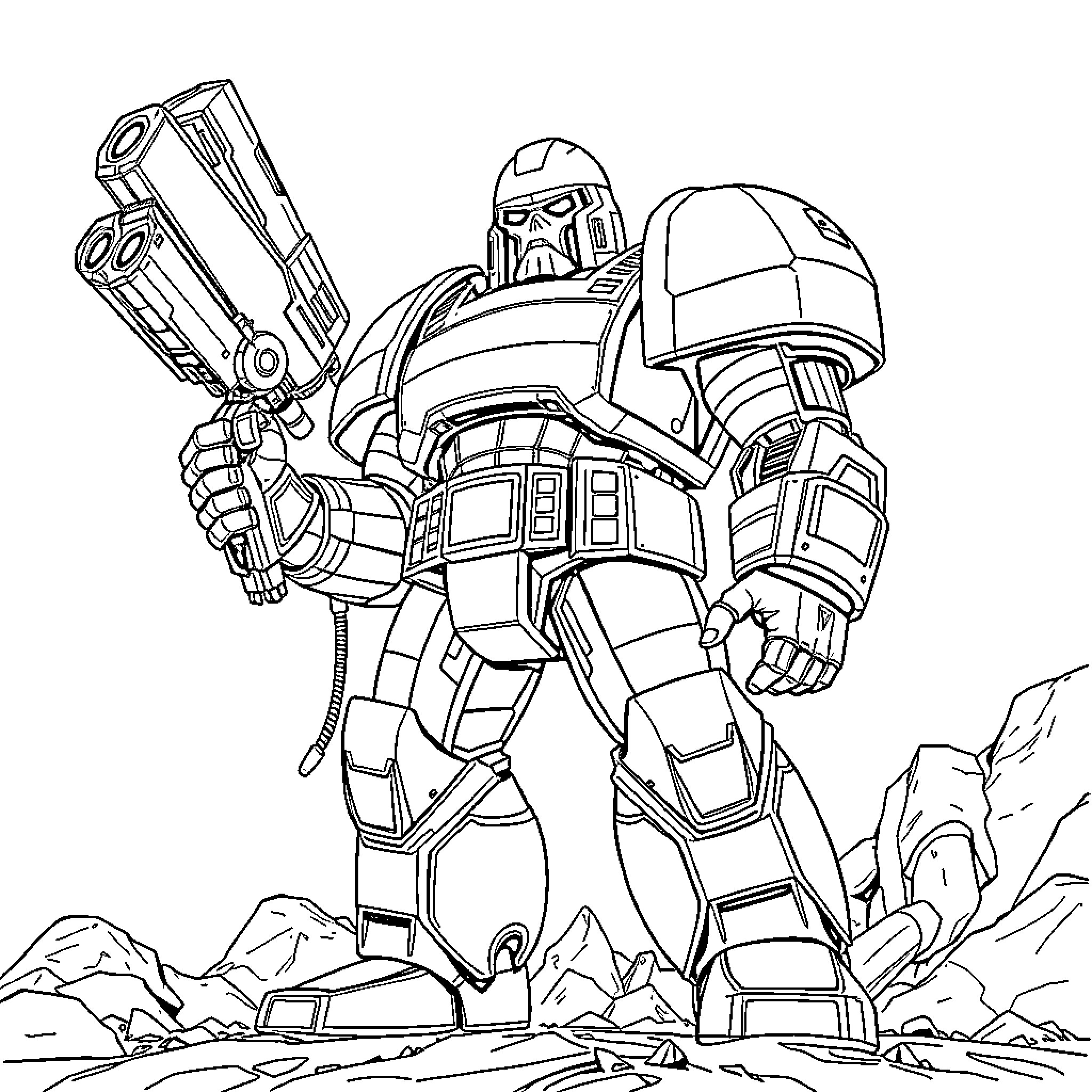Doom Slayer Battles Formidable Foes Coloring Page (free black-and-white line drawing printable PDF for all, from beginners to advanced learners, including children, teens, adults, and seniors)