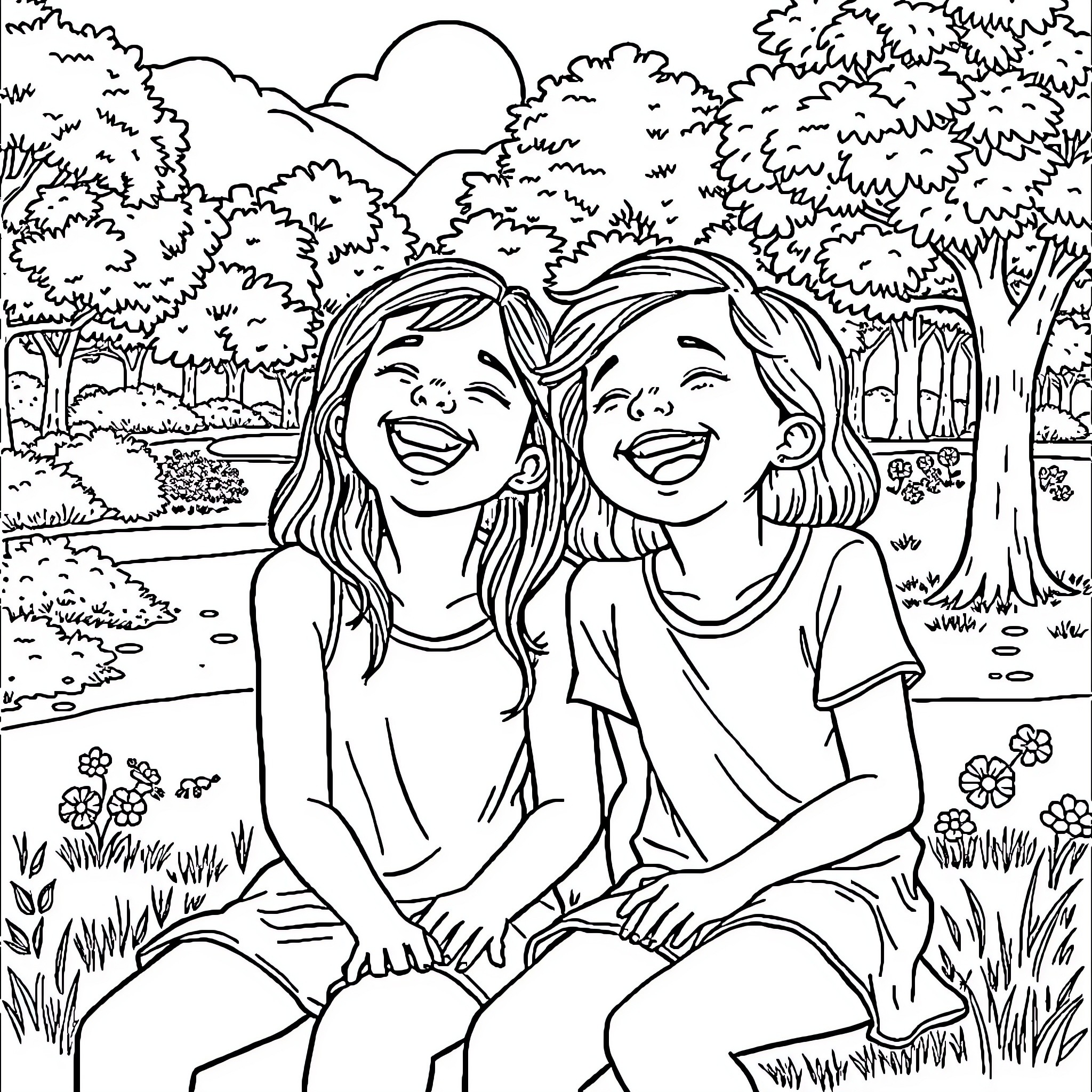 Friend's happy outdoor adventure Coloring Page (free black-and-white line drawing printable PDF for all, from beginners to advanced learners, including children, teens, adults, and seniors)