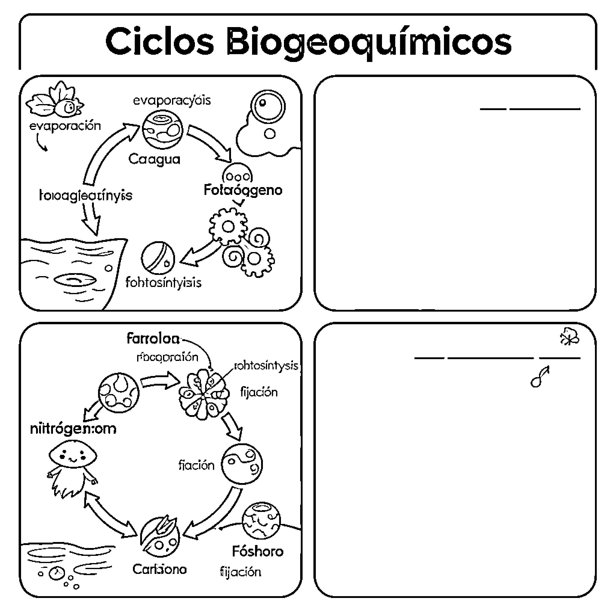 Ciclos Biogeoquímicos: Process diagrams and illustrations Coloring Page (free black-and-white line drawing printable PDF for all, from beginners to advanced learners, including children, teens, adults, and seniors)