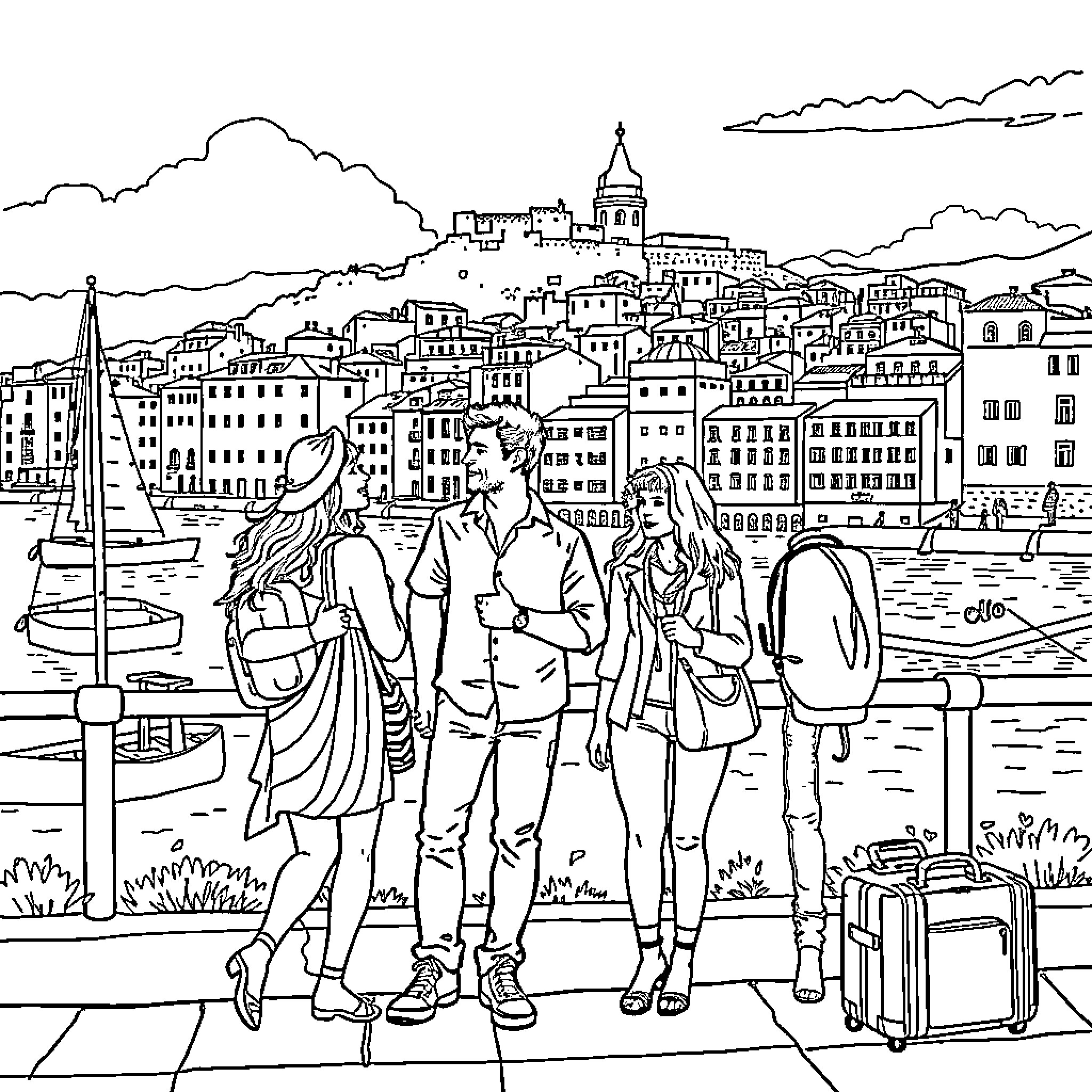 Couple Touring Historic European City Coloring Page (free black-and-white line drawing printable PDF for all, from beginners to advanced learners, including children, teens, adults, and seniors)