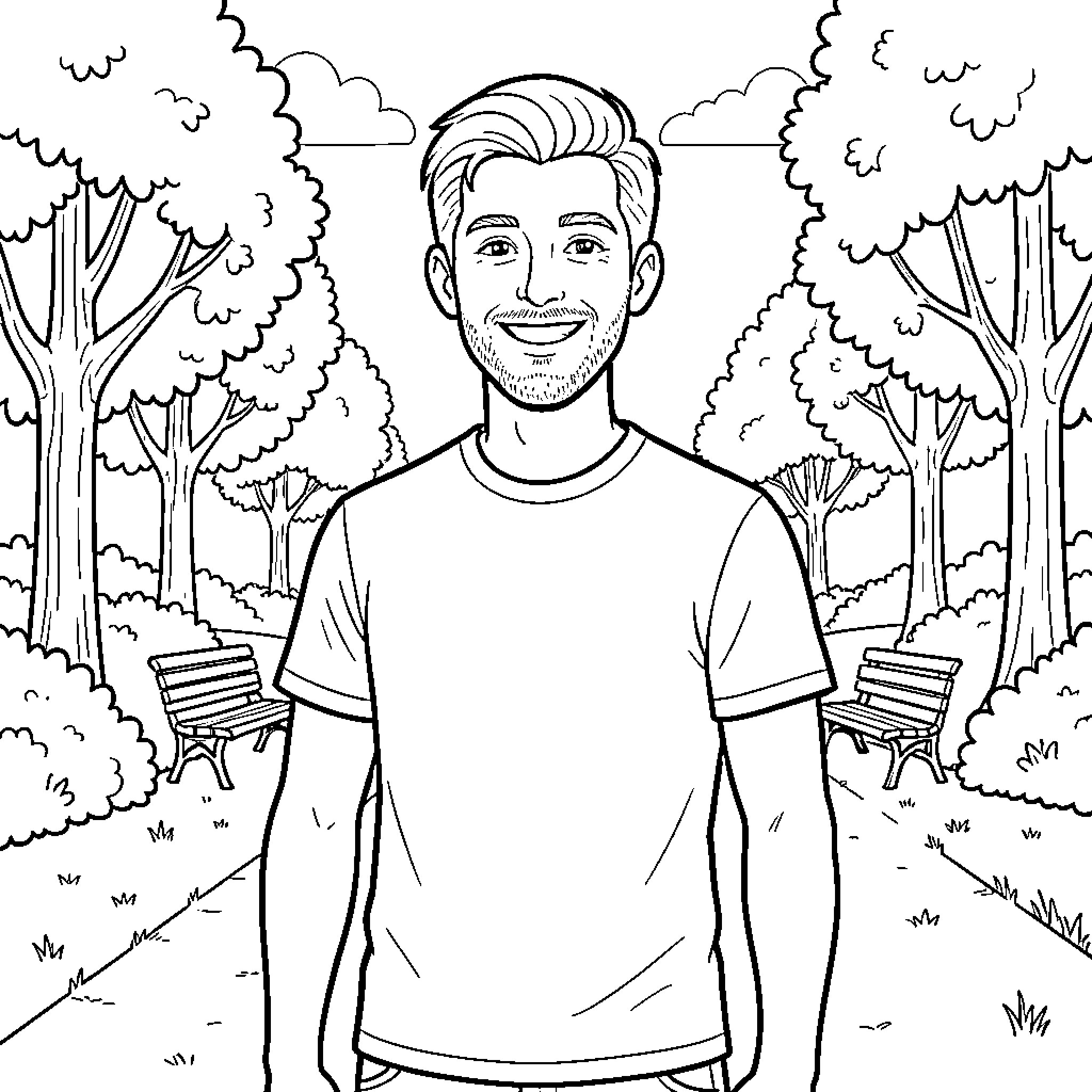 Man enjoying a walk through a serene park Coloring Page (free black-and-white line drawing printable PDF for all, from beginners to advanced learners, including children, teens, adults, and seniors)