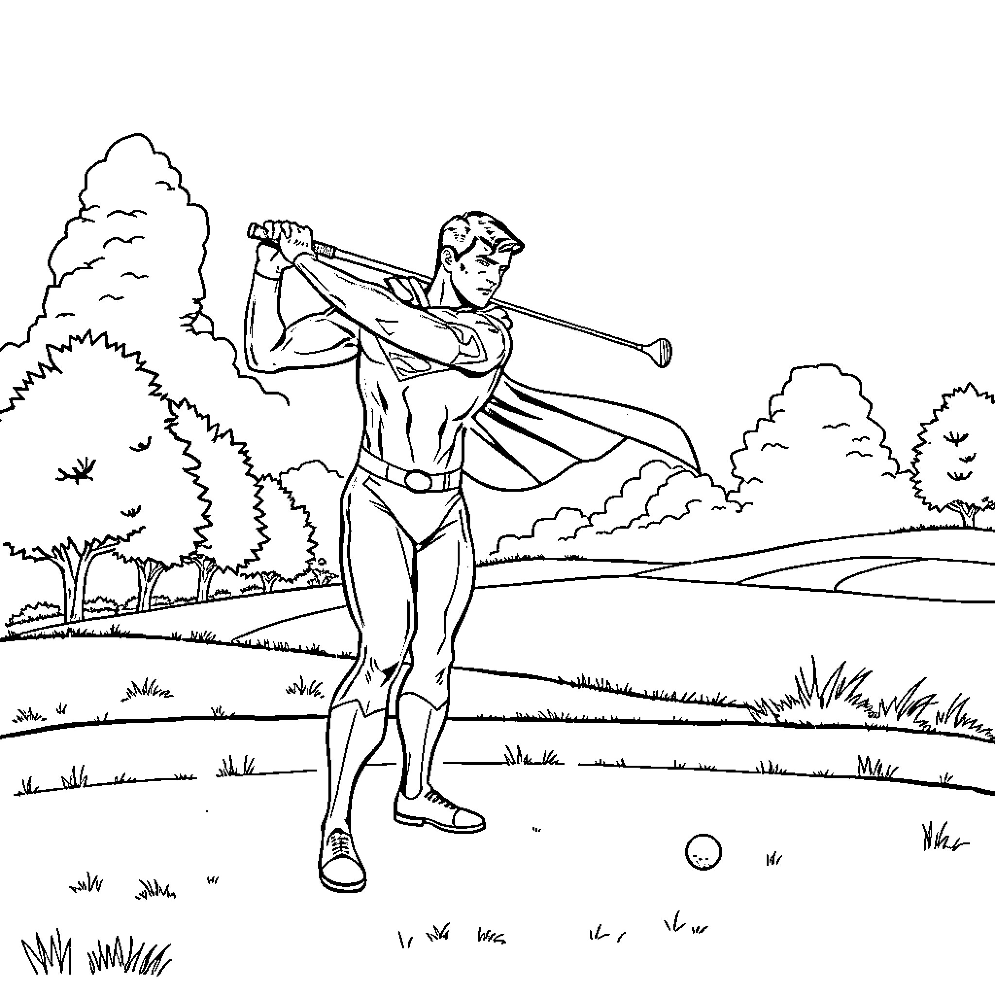 Superman golfing in the countryside Coloring Page (free black-and-white line drawing printable PDF for all, from beginners to advanced learners, including children, teens, adults, and seniors)