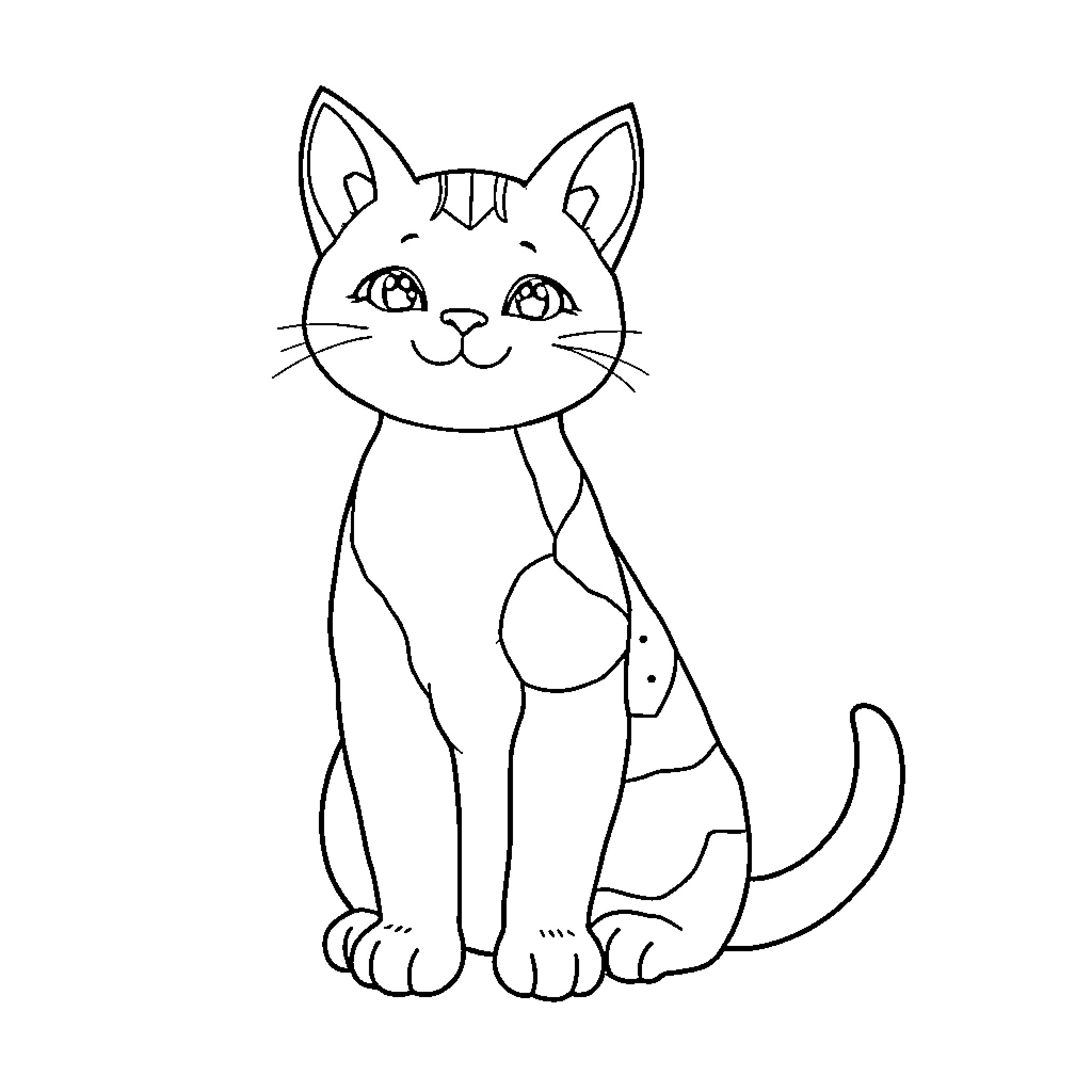 Kitty sitting contentedly Coloring Page (free black-and-white line drawing printable PDF for all, from beginners to advanced learners, including children, teens, adults, and seniors)