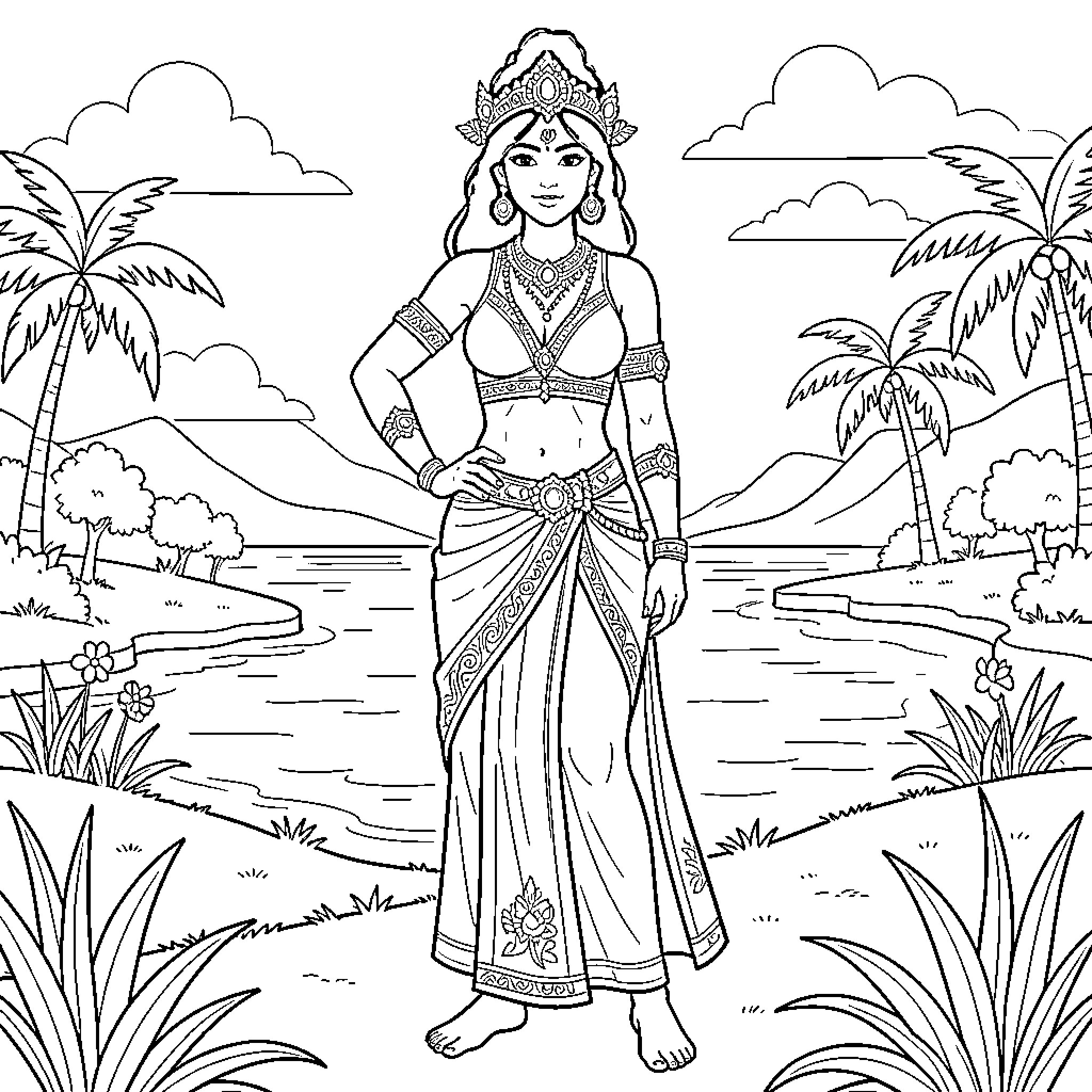 Vahiana standing elegantly in a tropical landscape Coloring Page (free black-and-white line drawing printable PDF for all, from beginners to advanced learners, including children, teens, adults, and seniors)