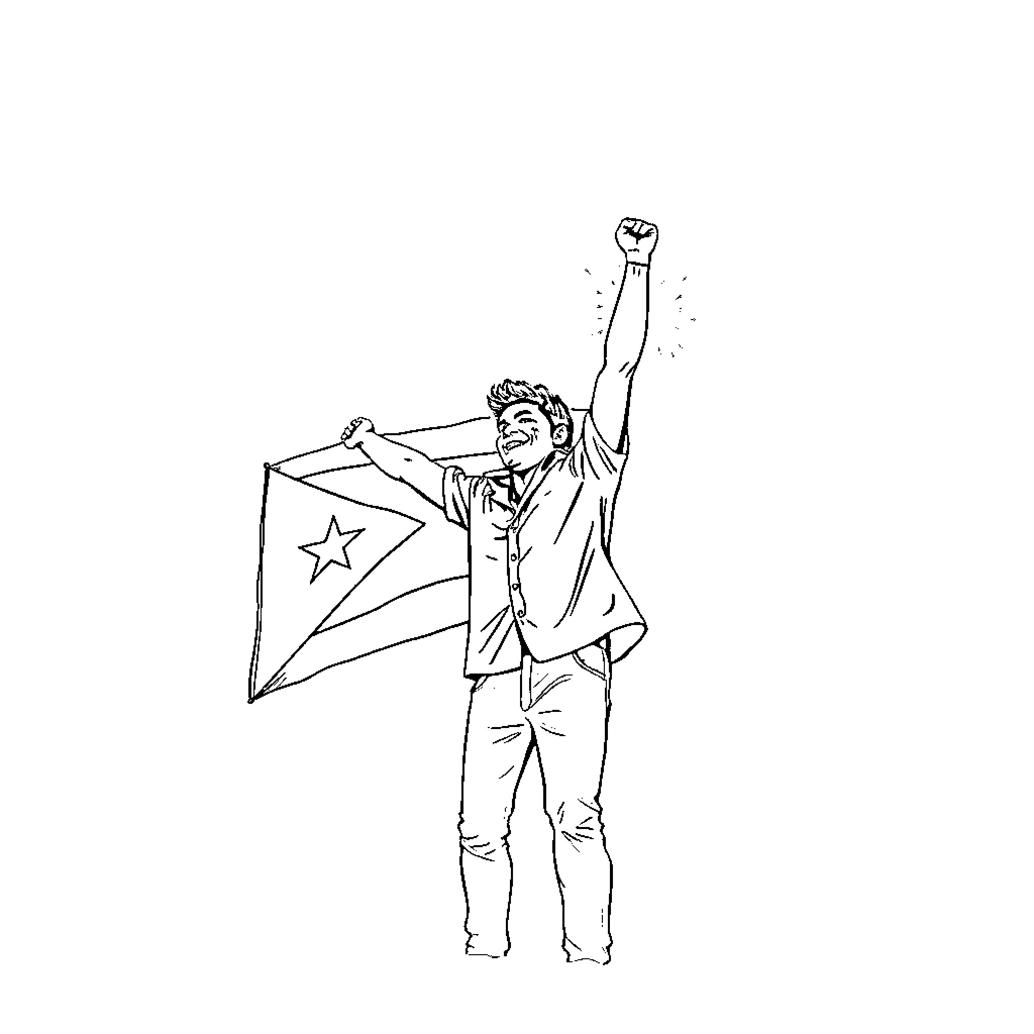 Luis Miguel triumphantly raising the flag Coloring Page (free black-and-white line drawing printable PDF for all, from beginners to advanced learners, including children, teens, adults, and seniors)