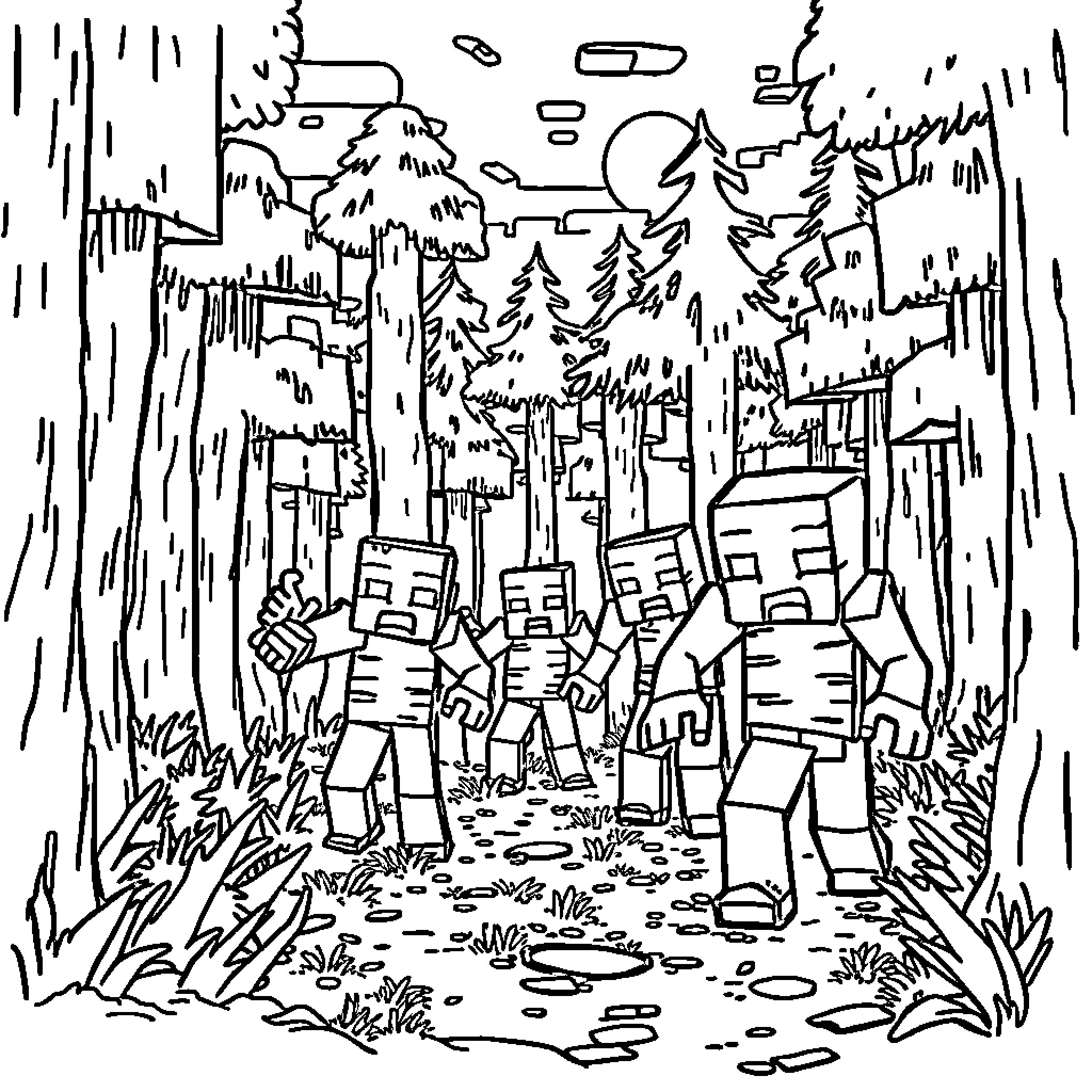 Zombie Fighters Battling in the Enchanted Forest Coloring Page (free black-and-white line drawing printable PDF for all, from beginners to advanced learners, including children, teens, adults, and seniors)