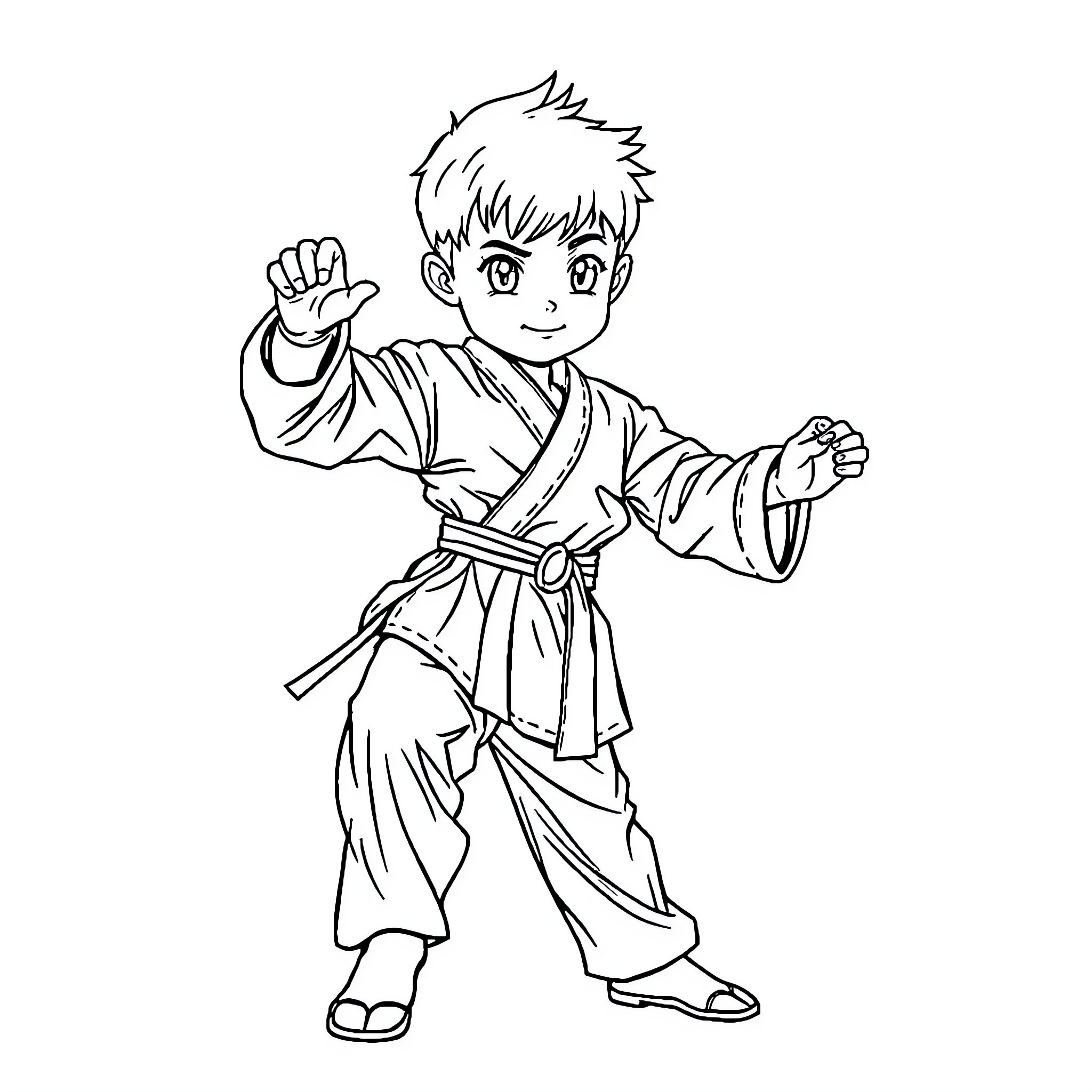 Martial Arts Boy Practicing Karate Moves Coloring Page (free black-and-white line drawing printable PDF for all, from beginners to advanced learners, including children, teens, adults, and seniors)