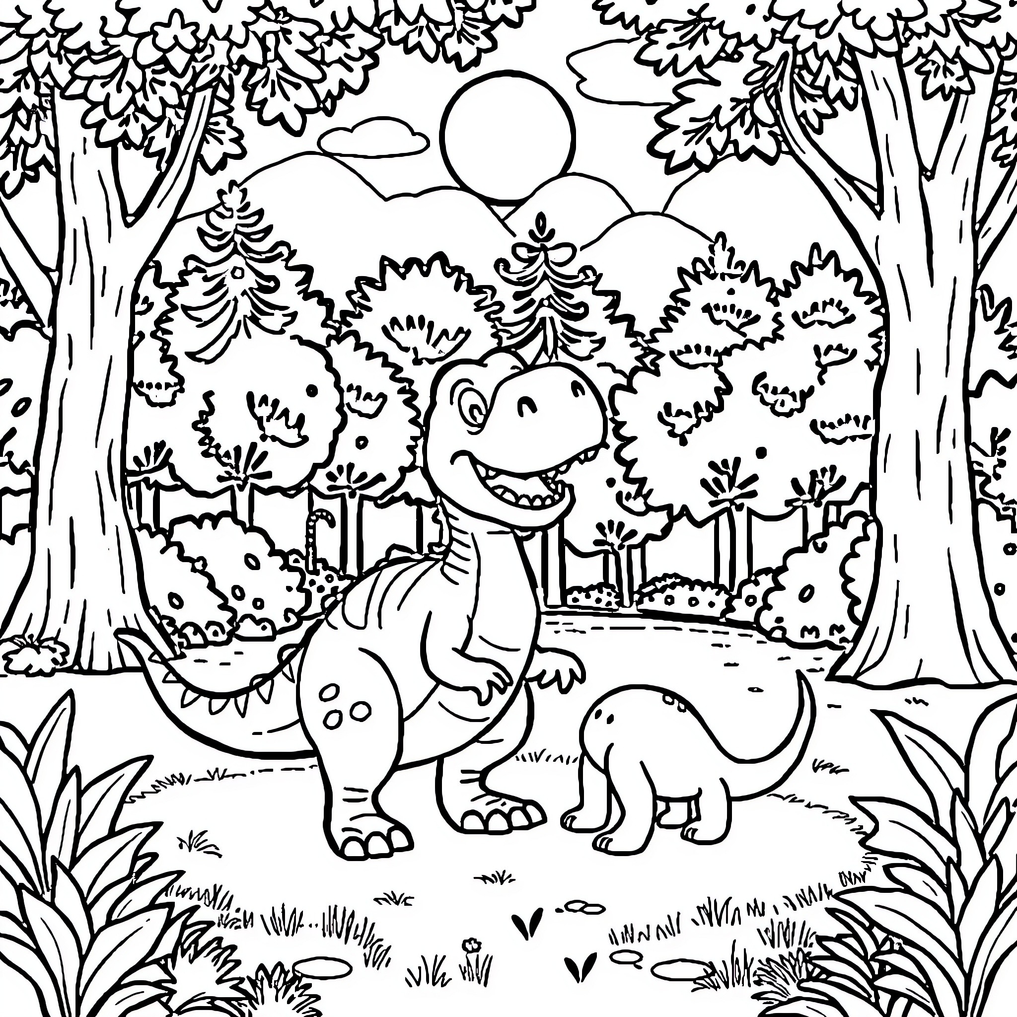 Dino exploring the lush forest Coloring Page (free black-and-white line drawing printable PDF for all, from beginners to advanced learners, including children, teens, adults, and seniors)