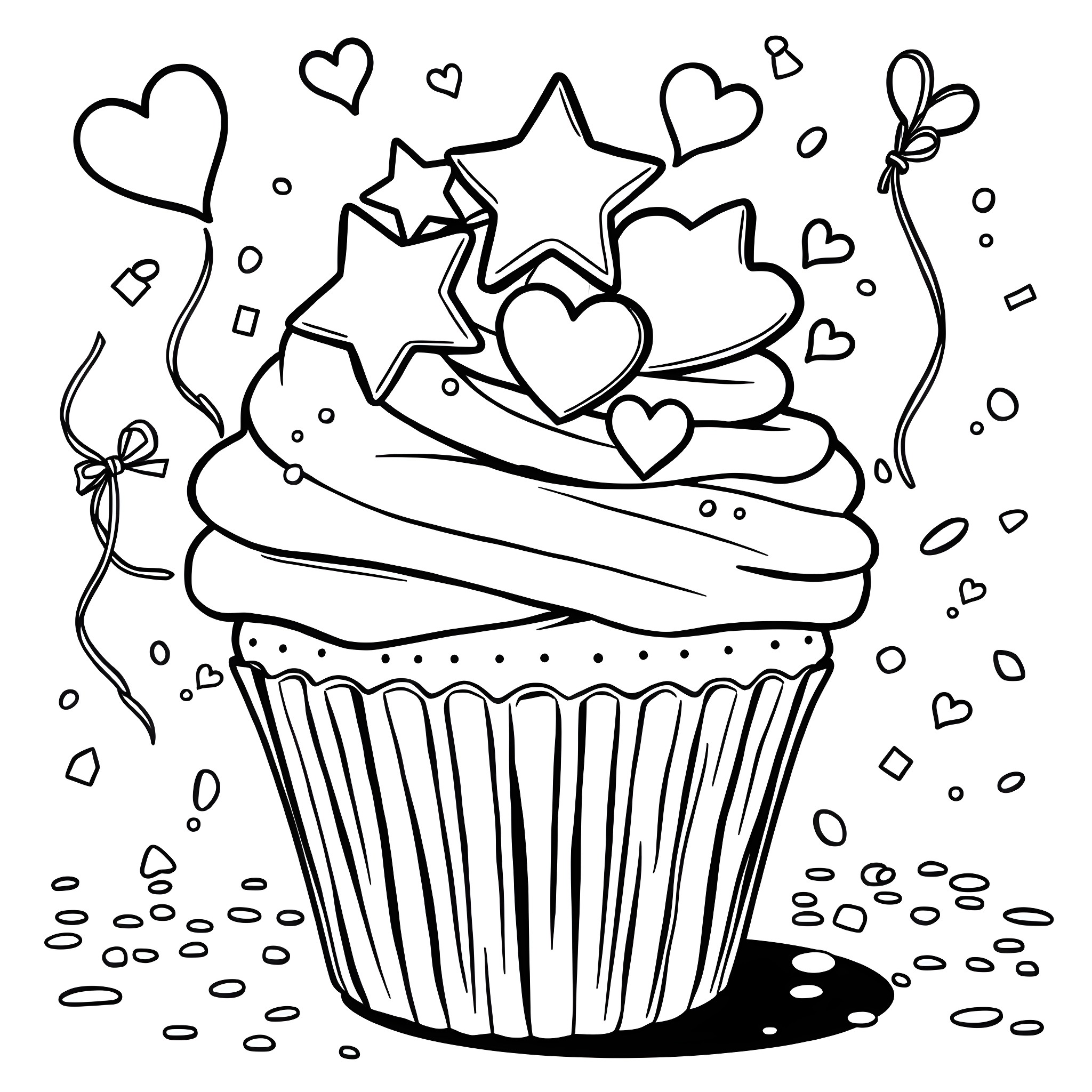 Cupcake decorated with hearts, stars, and butterflies Coloring Page (free black-and-white line drawing printable PDF for all, from beginners to advanced learners, including children, teens, adults, and seniors)