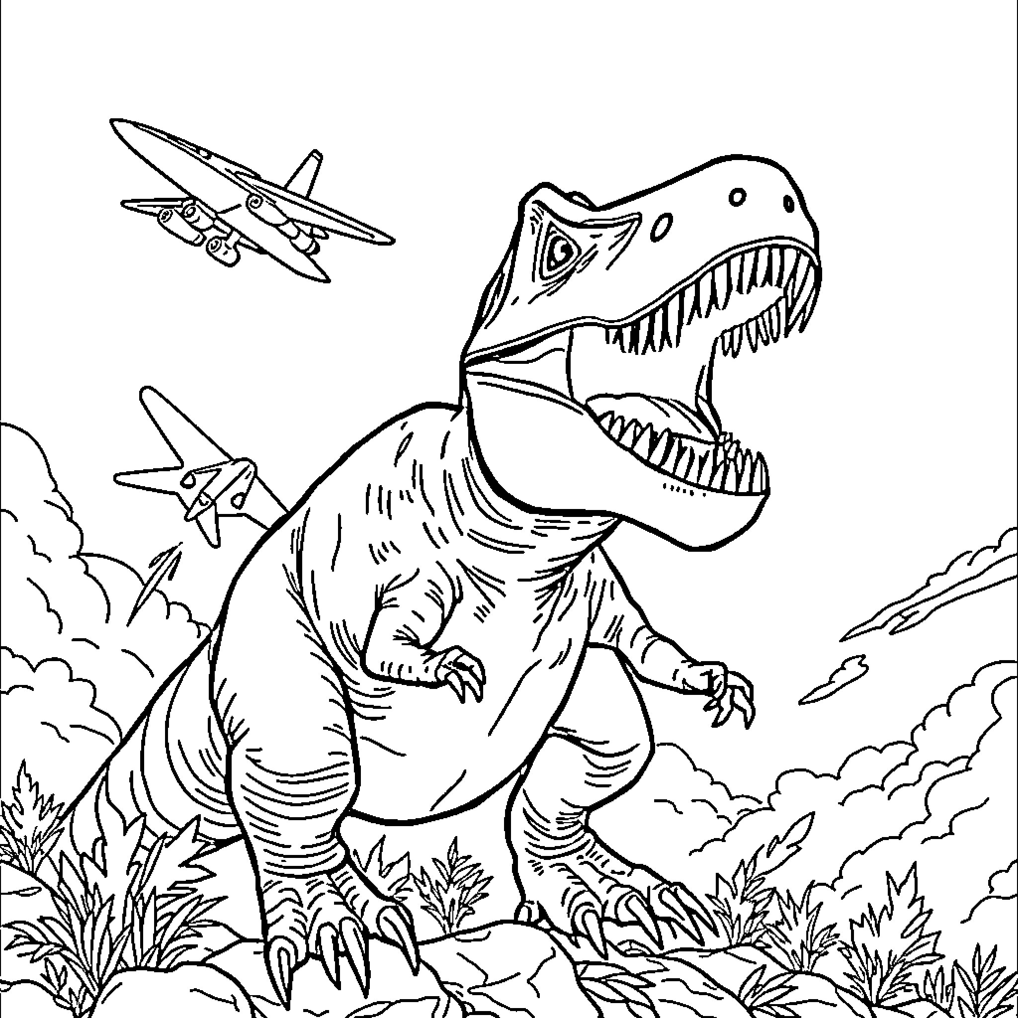 T-Rex Chasing Fighter Jets in a Prehistoric Landscape Coloring Page (free black-and-white line drawing printable PDF for all, from beginners to advanced learners, including children, teens, adults, and seniors)