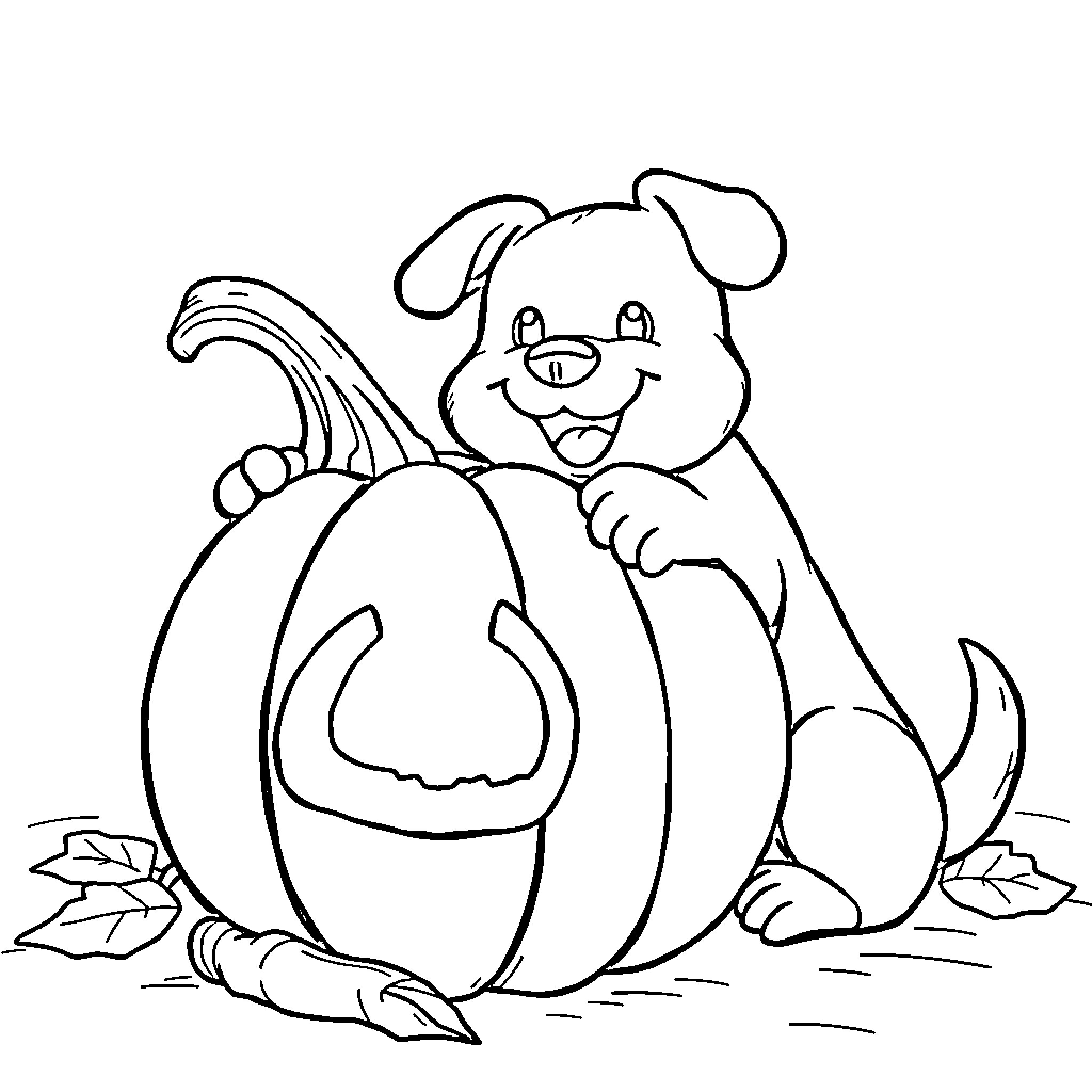 Dog playing with pumpkin on autumn day Coloring Page (free black-and-white line drawing printable PDF for all, from beginners to advanced learners, including children, teens, adults, and seniors)