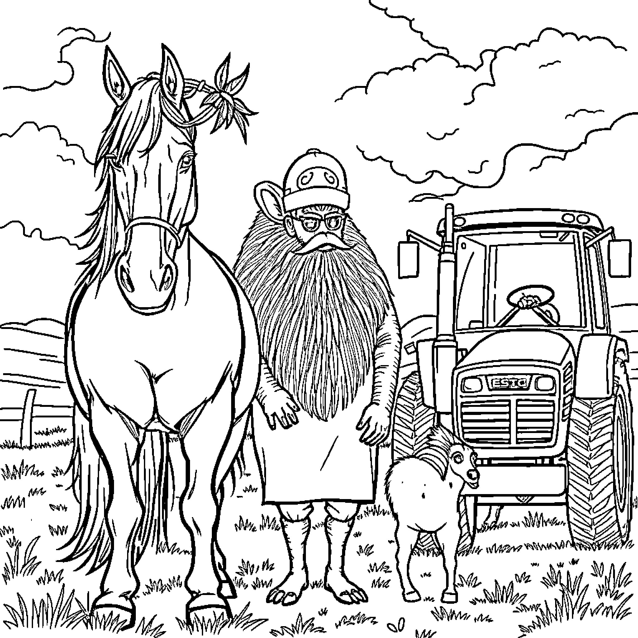 Cheval's Farmyard Adventure with Bearded Companion Coloring Page (free black-and-white line drawing printable PDF for all, from beginners to advanced learners, including children, teens, adults, and seniors)