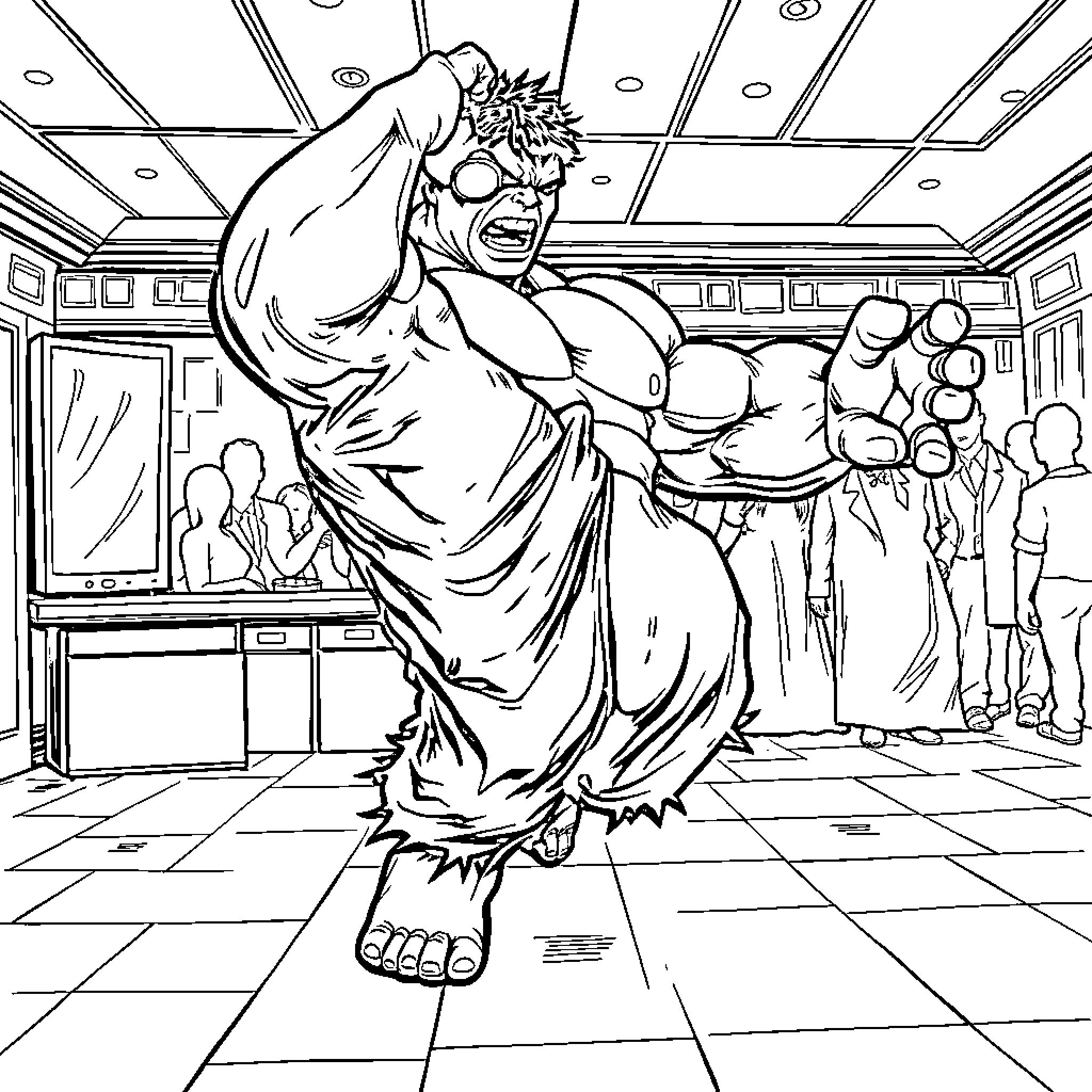 Hulk Rampaging in Anger-Filled Confrontation Coloring Page (free black-and-white line drawing printable PDF for all, from beginners to advanced learners, including children, teens, adults, and seniors)