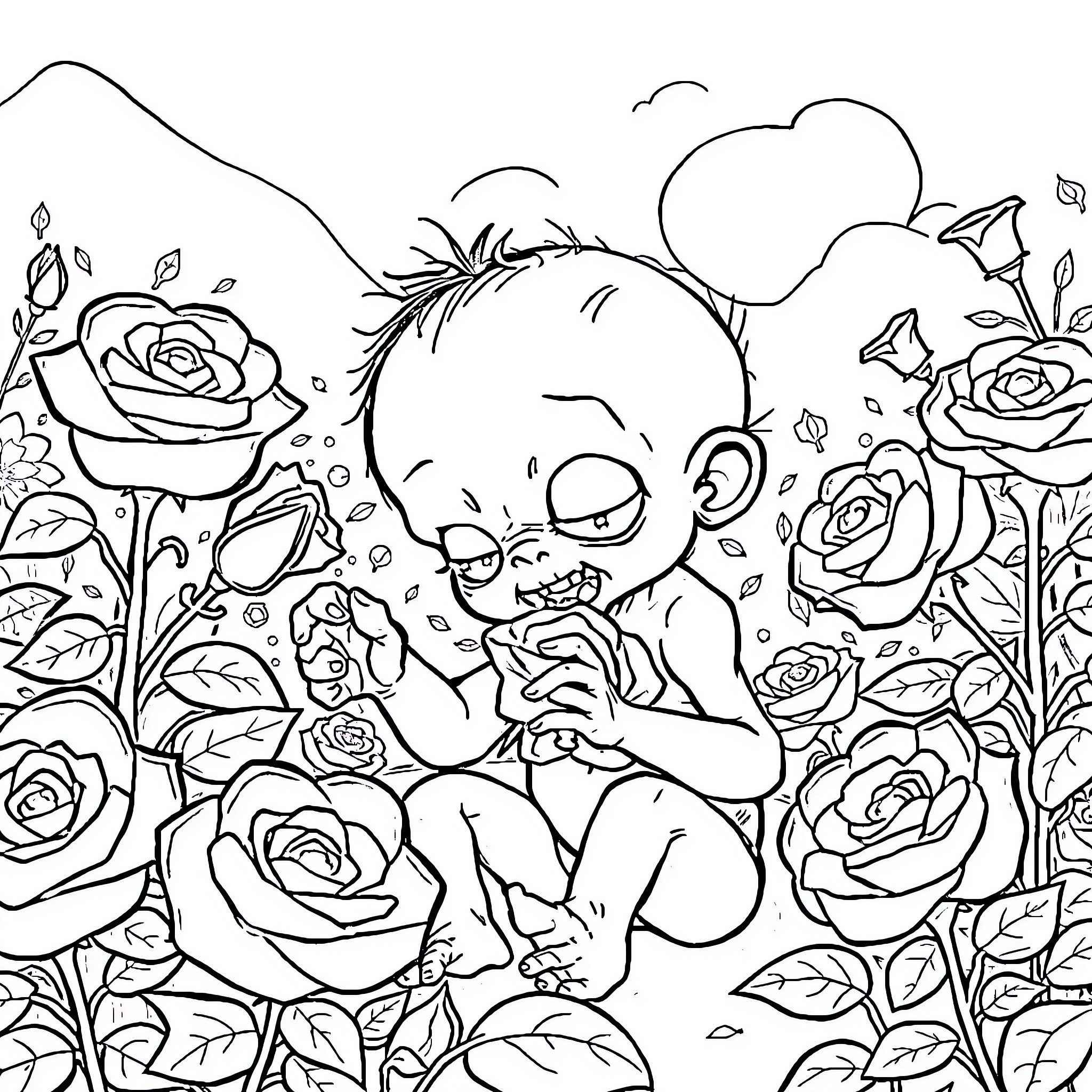 Zombie baby in a rose garden Coloring Page (free black-and-white line drawing printable PDF for all, from beginners to advanced learners, including children, teens, adults, and seniors)